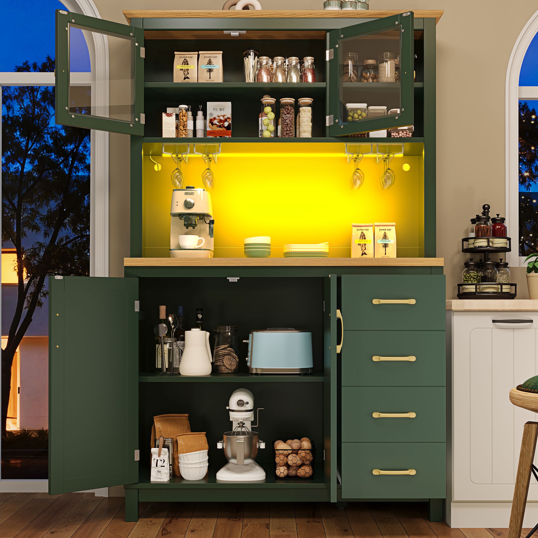 Küchenbuffet Mit 4 Türen Und Led Per App-steuerung, Landhausstil, Mdf, Grün, 105.5 X 40 X 180 Cm