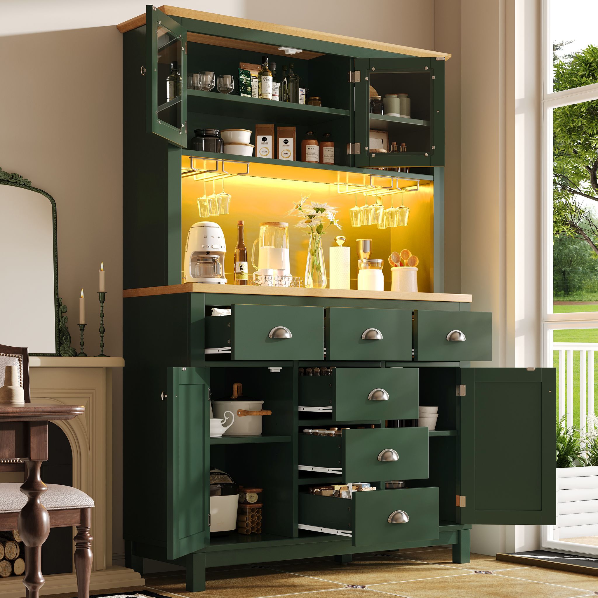 Kuchenschrank Mit 4 Turen Und Led Per App Steuerbar, Retro Stil, Mdf, 104 X 40 X 180 Cm, Grun