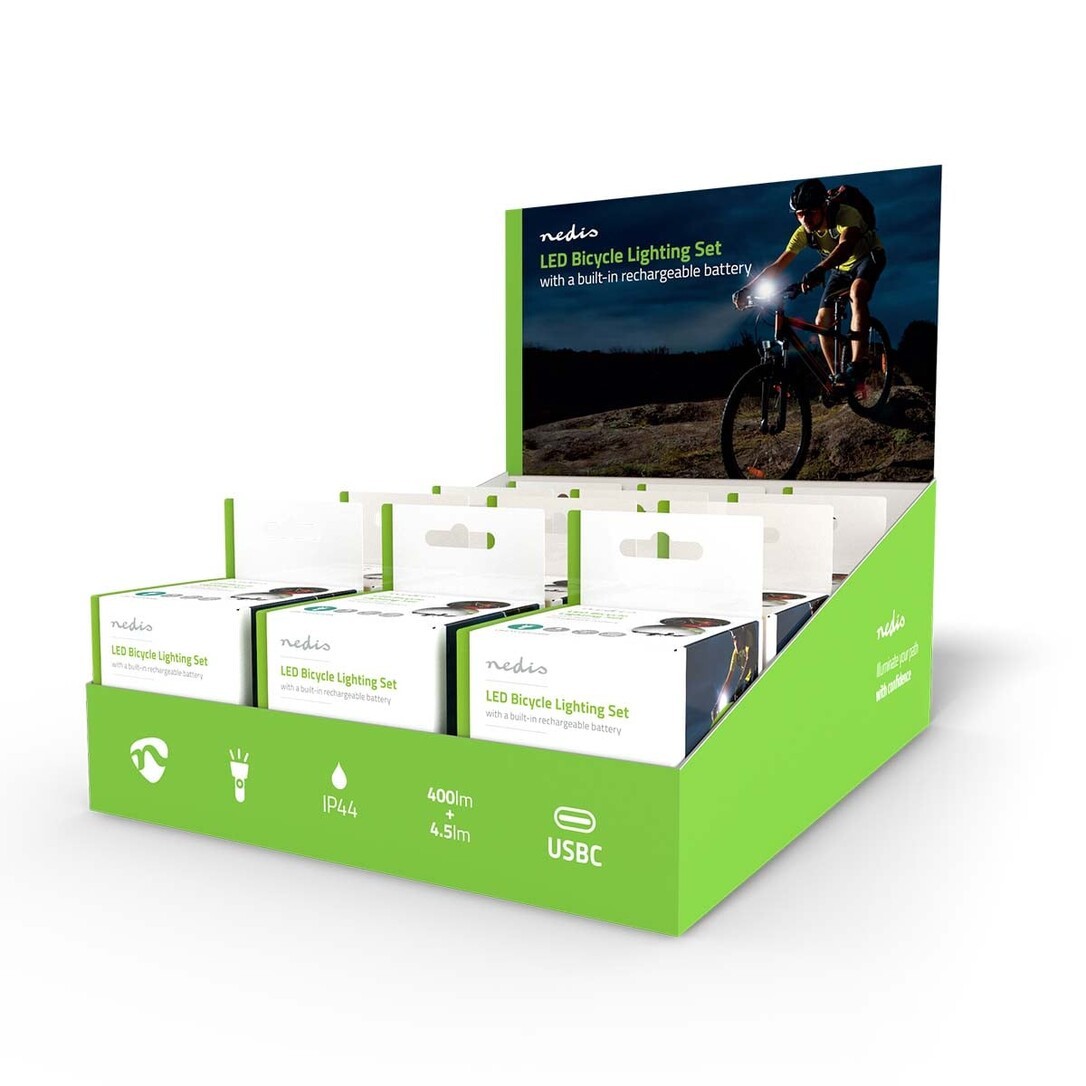 Nedis Multipack Fahrrad-licht / Batteriebetrieben / 5 V Dc / 3 W / 1x 102540 / 1x 602030 / Wiederaufladbar / 400 Lm / 4.5 Lm / 100 M / 110 ° - 12 Stück