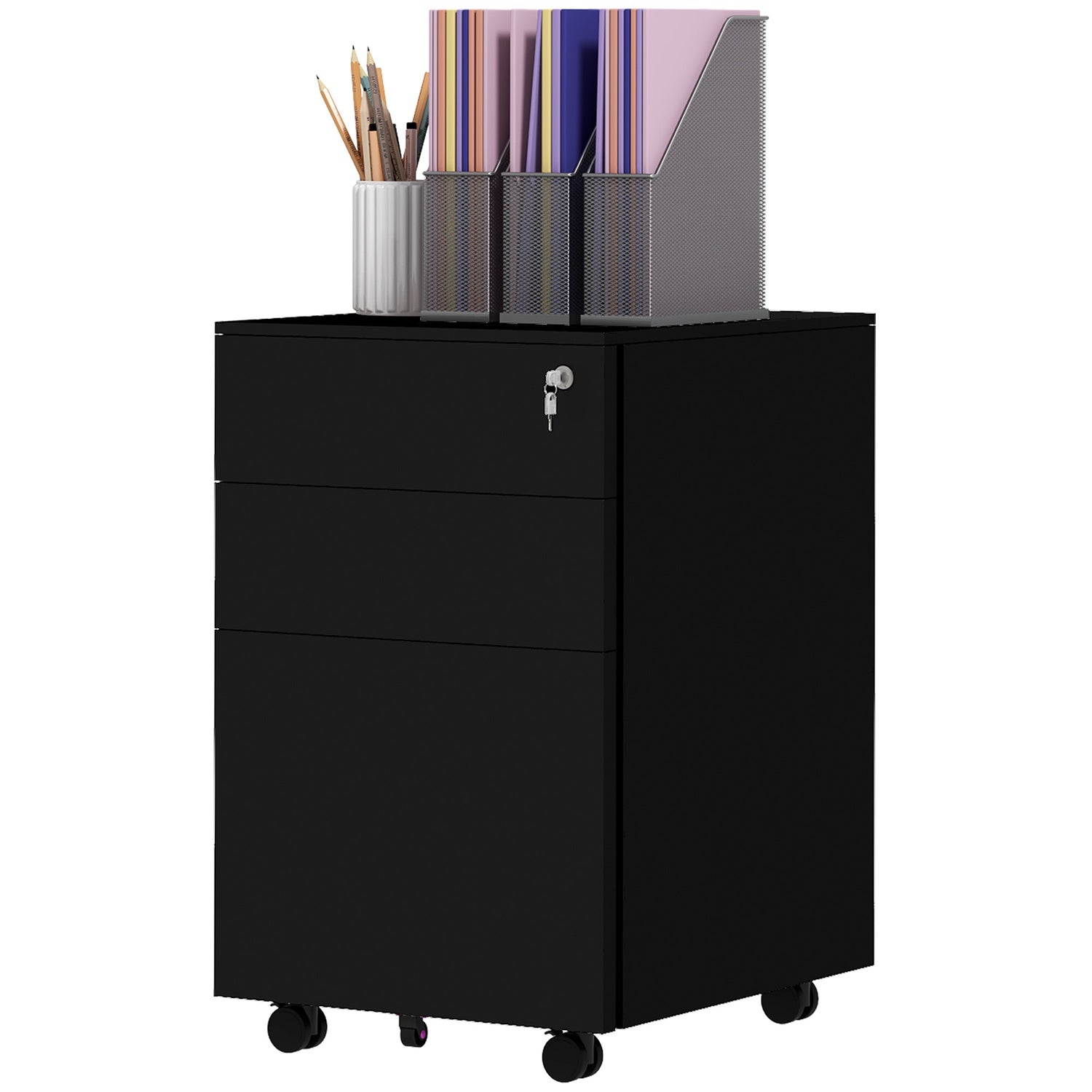 Aktenschrank Mit Schubladen, 37l X 43,5b X 60h Cm, Abschließbar, Rollbar, Mit Bremsen, 3-stufig Verstellbare Leiste, Stahl, Schwarz