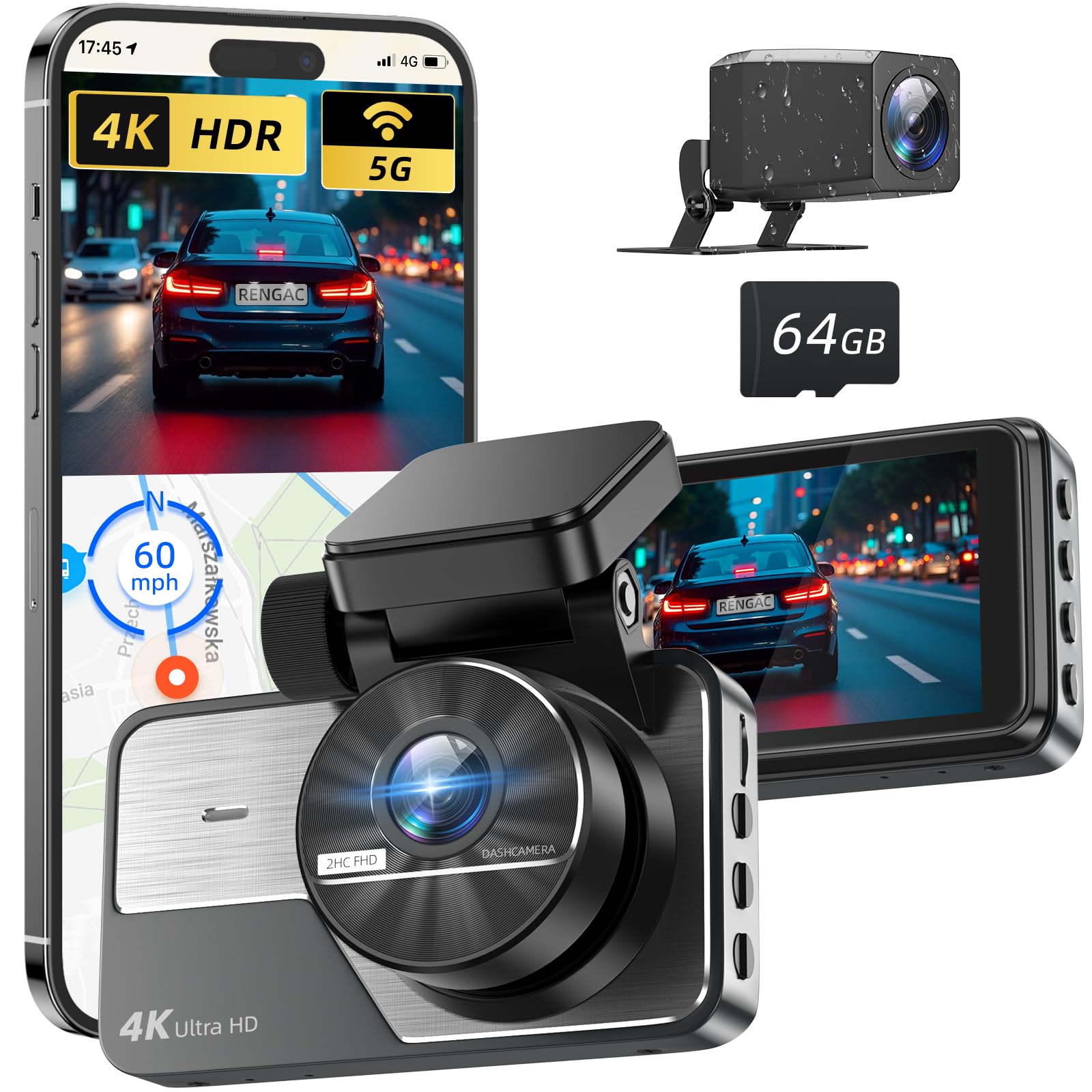 Dual-autokamera 4k+2k Full Hd, Integriertes 5g-wlan Mit 64-gb-karte, Gps, 3-zoll-ips-bildschirm, 2160p Uhd-nachtsicht, App-steuerung, Hdr Und 24-stunden-parküberwachung