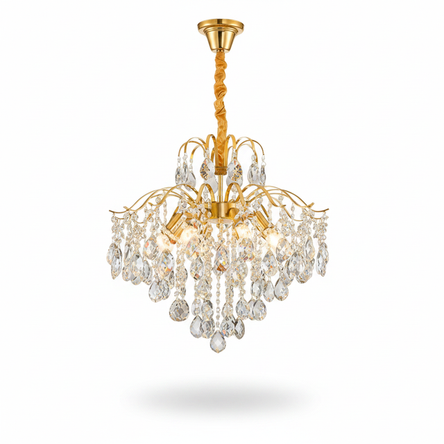 Lustre Français En Cristal Doré, Éclairage À Trois Intensités — Métal Et Cristal — Hauteur : 55 Cm — Diamètre : 40 Cm — 6 Douilles — Ampoules E14 Non Fournies