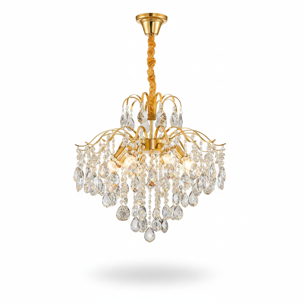 Lustre Français En Cristal Doré, Éclairage À Trois Intensités — Métal Et Cristal — Hauteur : 60 Cm — Diamètre : 80 Cm — 11 Douilles — Ampoules E14 Non Fournies