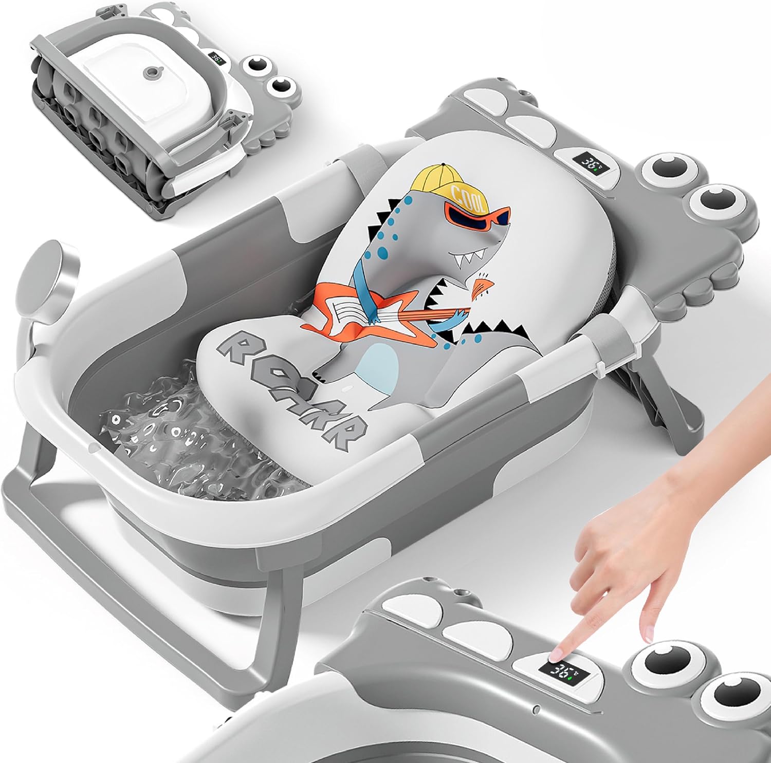Faltbare Babybadewanne Mit Rutschfestem Kissen – Faltbare Badewanne Mit Thermometer – Babybadesitz – Von Geburt Bis 3 Jahre – Geschenke Zur Babyparty (grau, Dinosaurier)