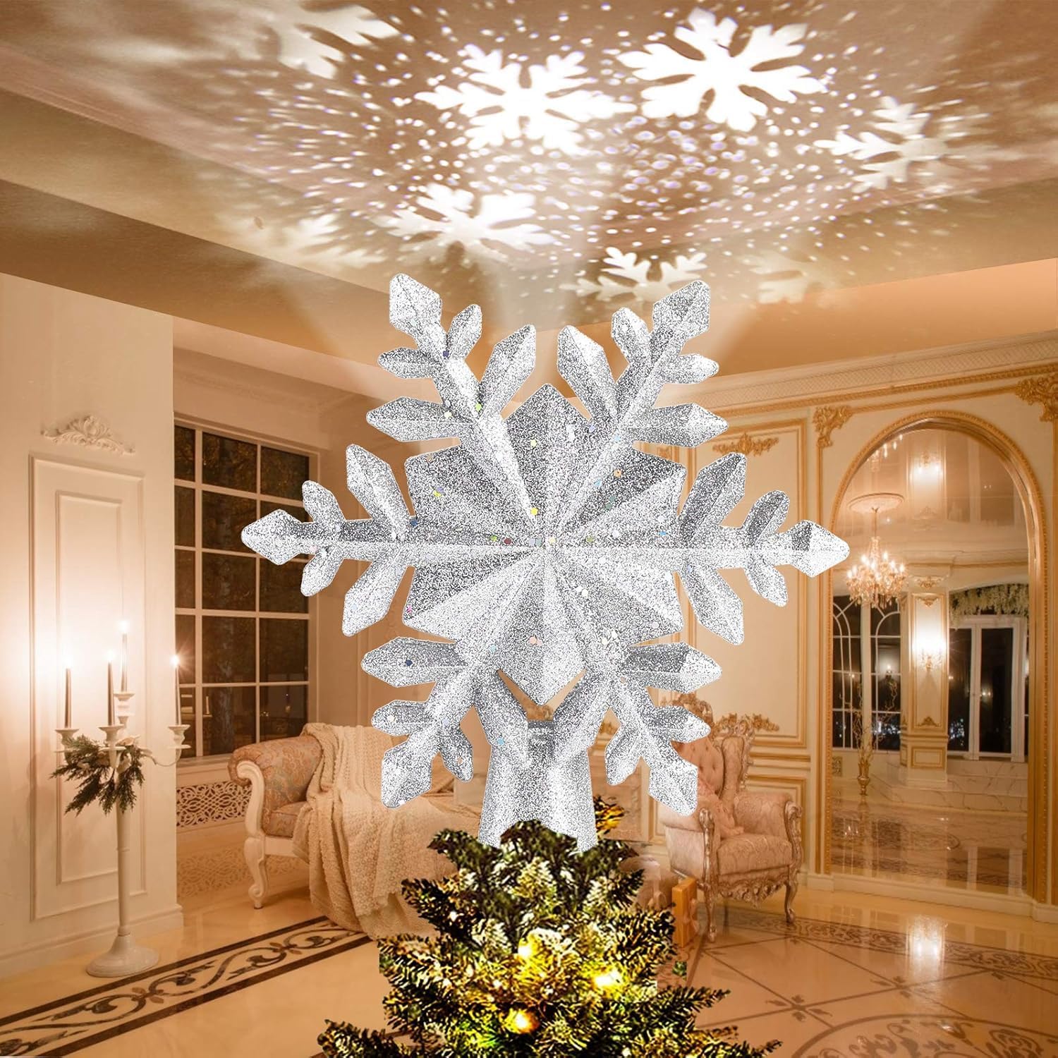 3d-projektor, Rotierender Stern, Weihnachtsbaum, Led-baumspitze, Licht, Rotierende Dekoration Für Baum Im Innen- Und Außenbereich (schneeflocke) [energieklasse B]