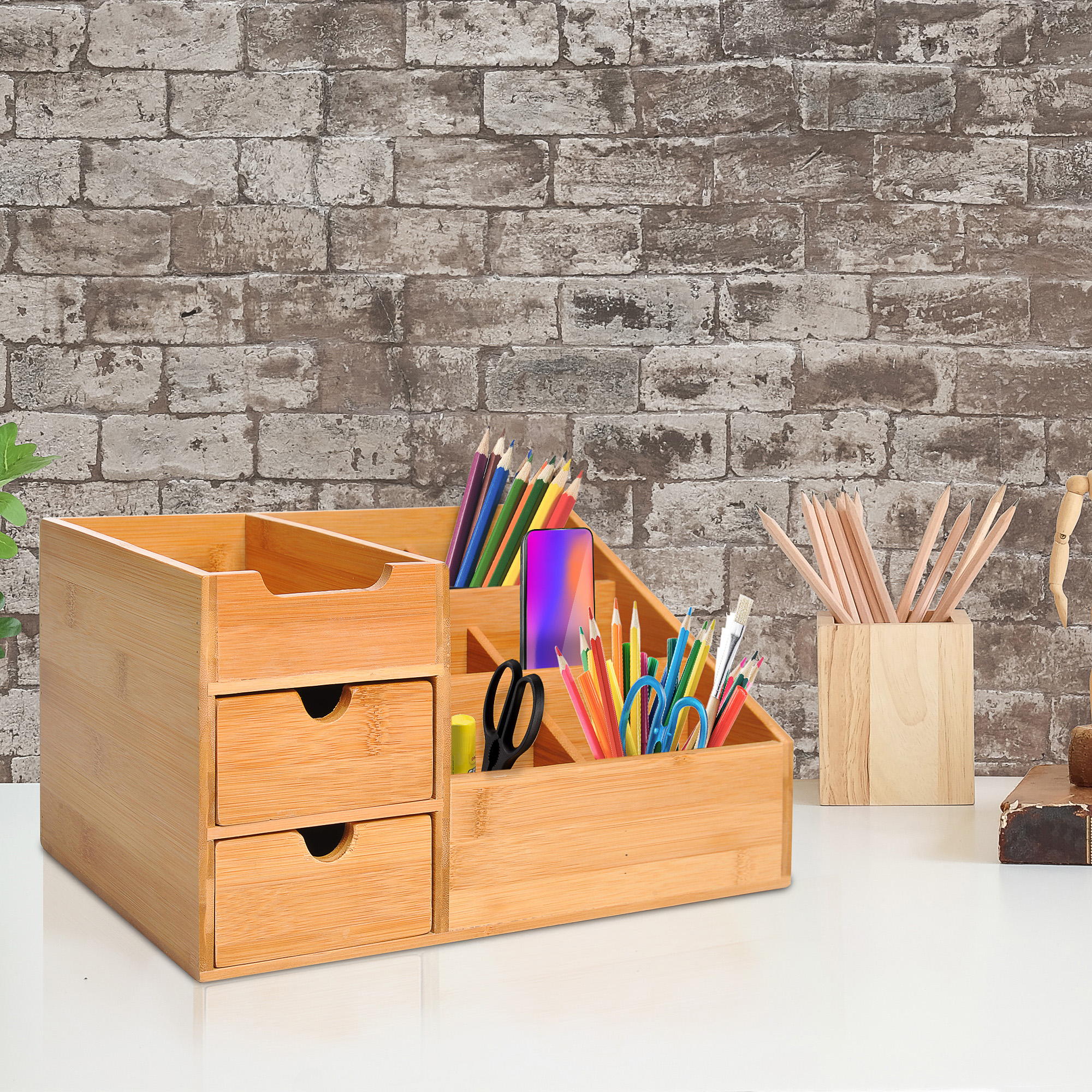 Homcom Schreibtisch-aufbewahrungsbox – Schreibtisch-organizer – 7 Fächer, 2 Schubladen – Lackiertes Bambus, Bambus