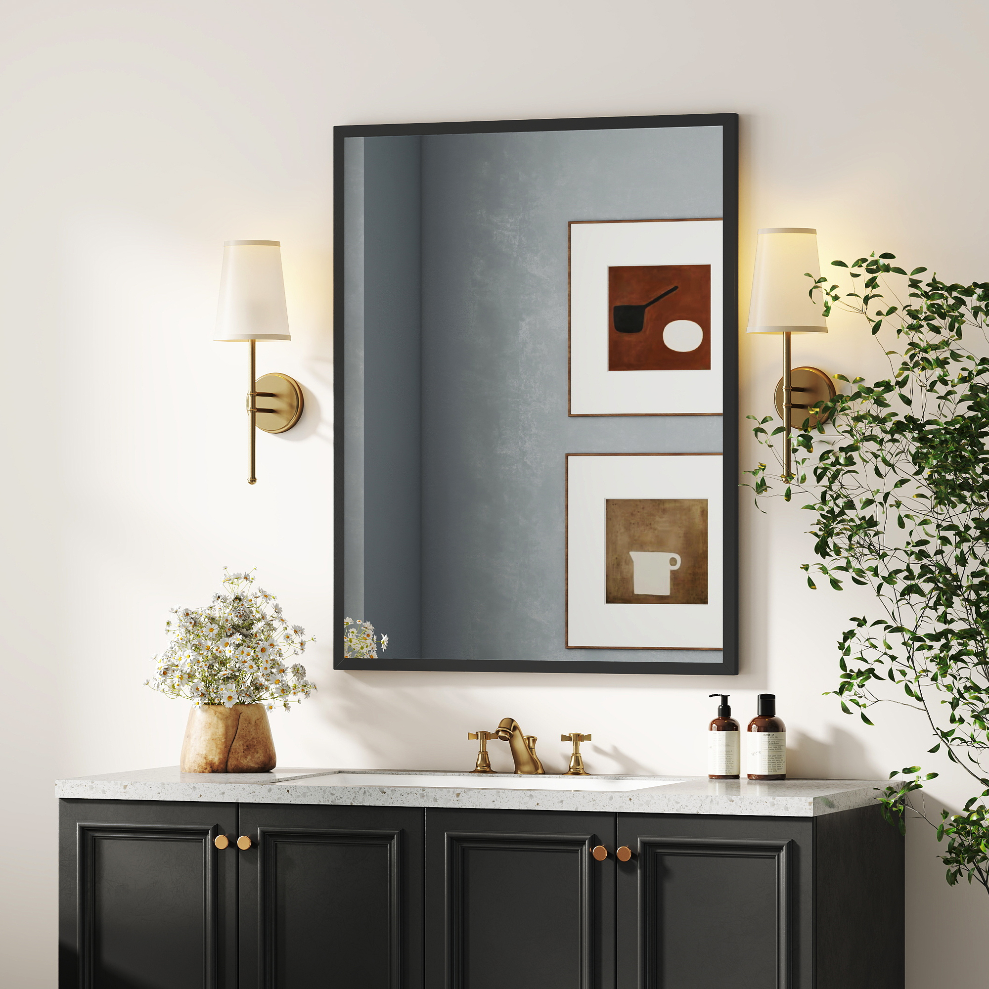 Badezimmerspiegel 70x90 Cm, Dekorativer Wandspiegel Für Wohnzimmer, Eingangsbereich, Horizontal Oder Vertikal, Schwarz