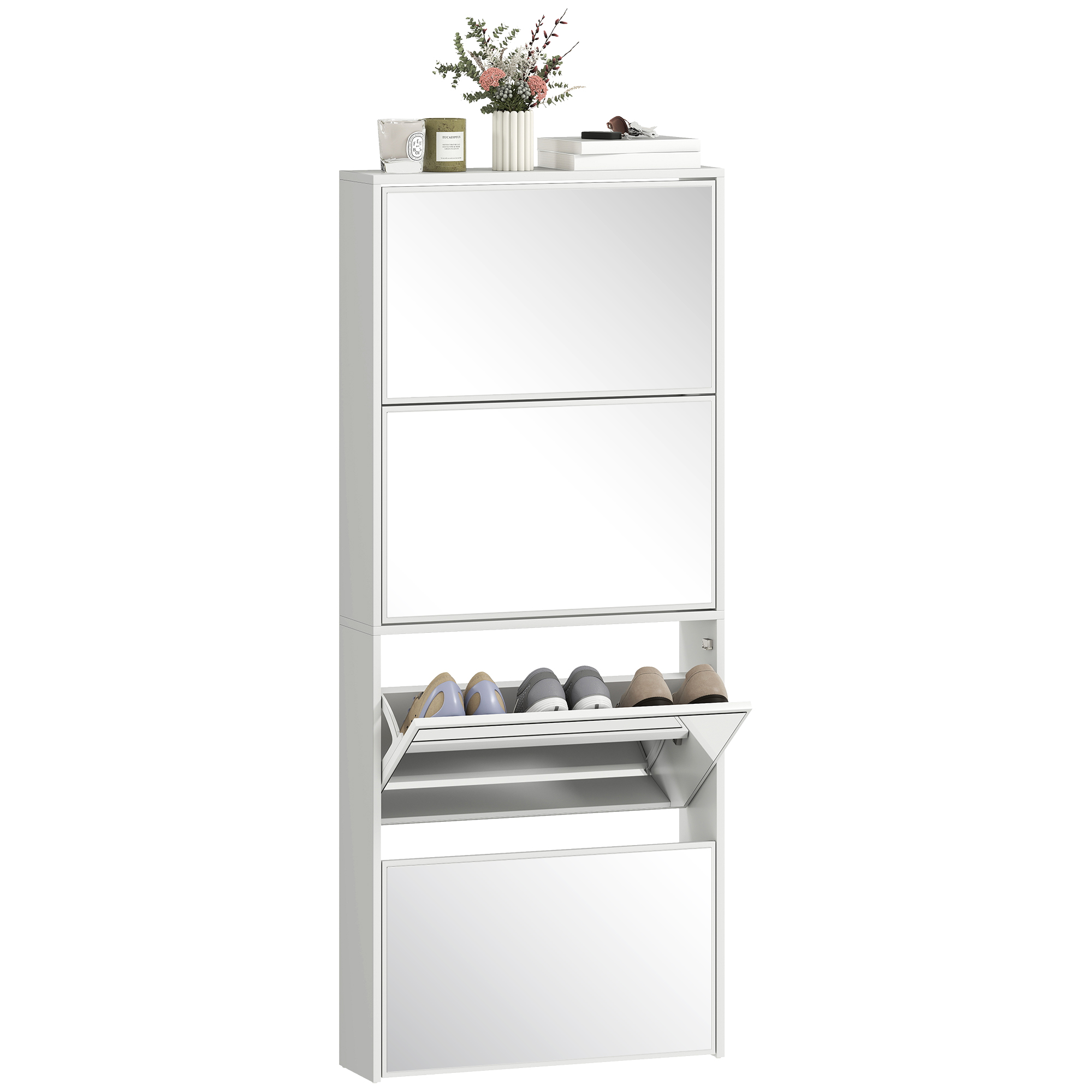 Schmaler Schuhschrank Mit Spiegel Und 4 Flügeltüren Für 12 Paar Schuhe, 63 X 17 X 146 Cm, Weiß