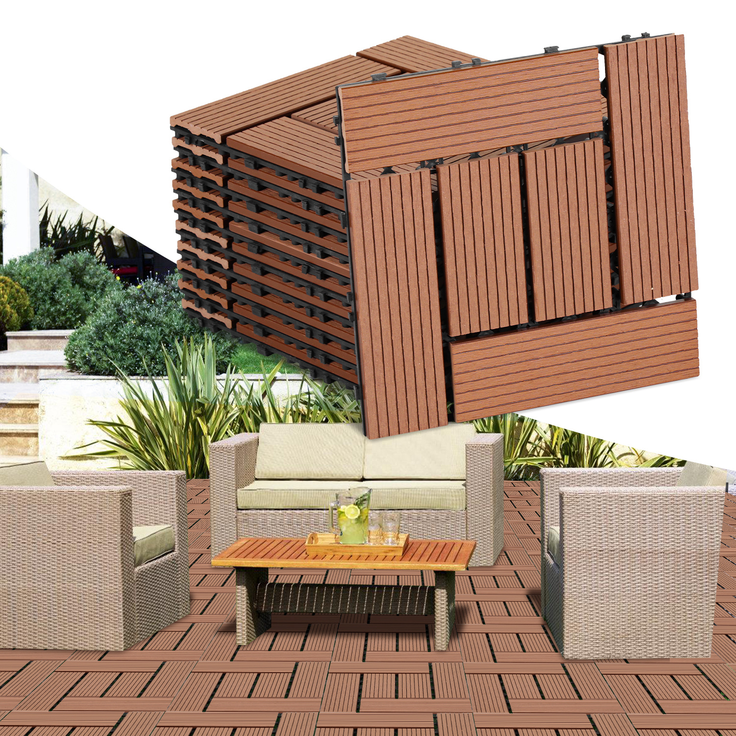 Randaco Wpc Terrassenfliesen 55er Spar Set Für 5m², 30x30 Cm, Braun In Holzoptik, Für Garten Balkon Bodenbelag Mit Drainage Und Klicksystem