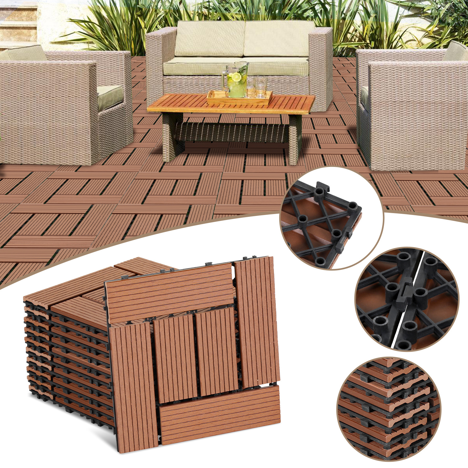 Randaco Wpc Terrassenfliesen 66er Spar Set Für 6m², 30x30 Cm, Braun In Holzoptik, Für Garten Balkon Bodenbelag Mit Drainage Und Klicksystem