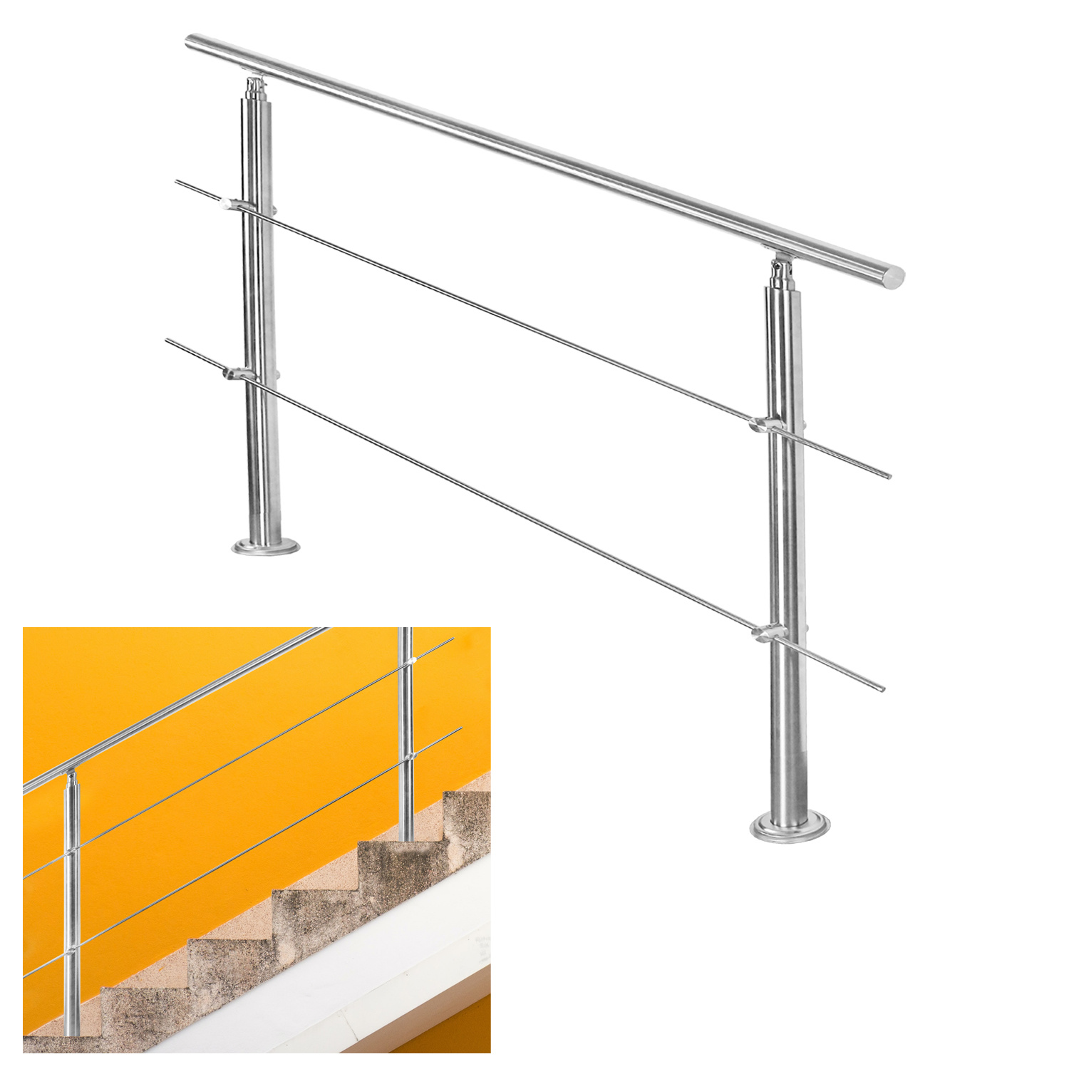 Randaco Edelstahl Treppengeländer 180 Cm Mit 2 Querstreben, 2 Pfosten, Ø42 Mm Handlauf, 106,5 Cm, Balkon Terrasse Innen/außen