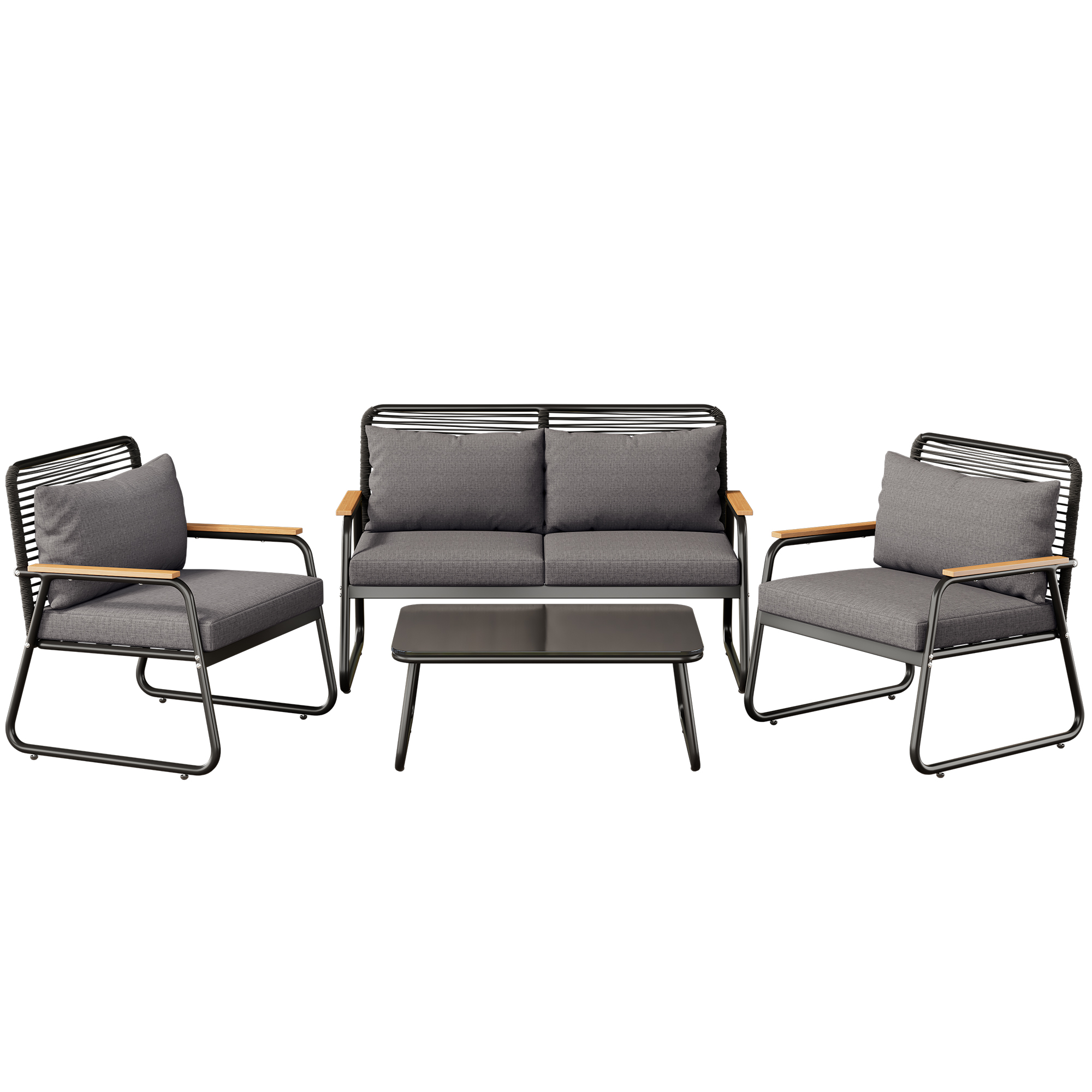 Elvmi Gartenlounge Set Mit 1 Zweisitzer Sofa, 2 Sesseln, 1 Couchtisch, Kissen, Metall Und Polyester, Schwarz