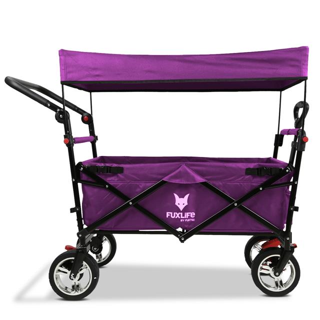 [neuwertig] Fuxlife Fx-ct700 Purpur Faltbarer Bollerwagen Mit Feststellbremsen, Verstellbarem Schiebegriff Und Sonnendach Ideal Für Garten, Camping & Outdoor