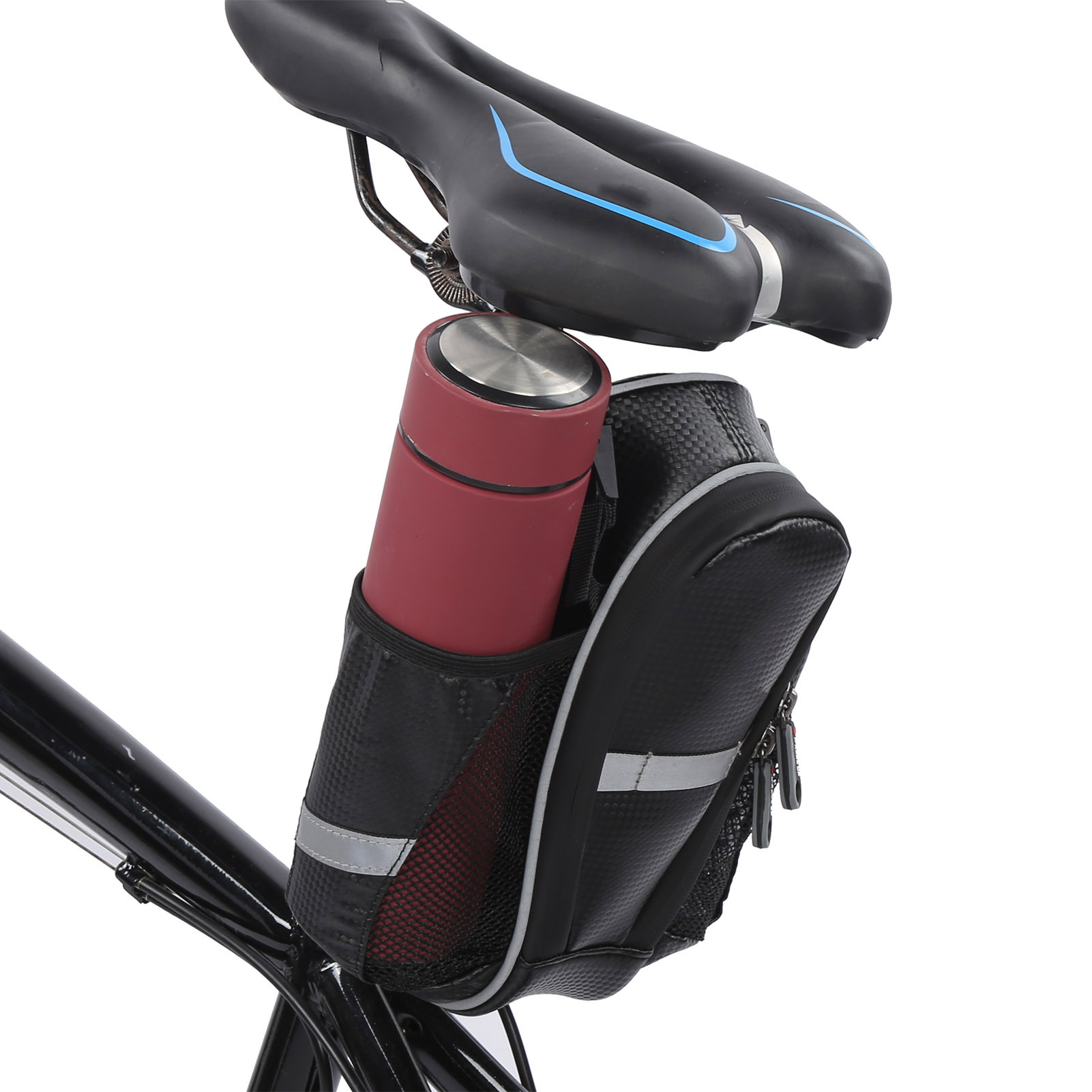 Große Fahrradsatteltasche Mit Doppeltem Flaschenhalter, Tasche Für Die Hintere Sattelstütze, Schwarz Und Grau.
