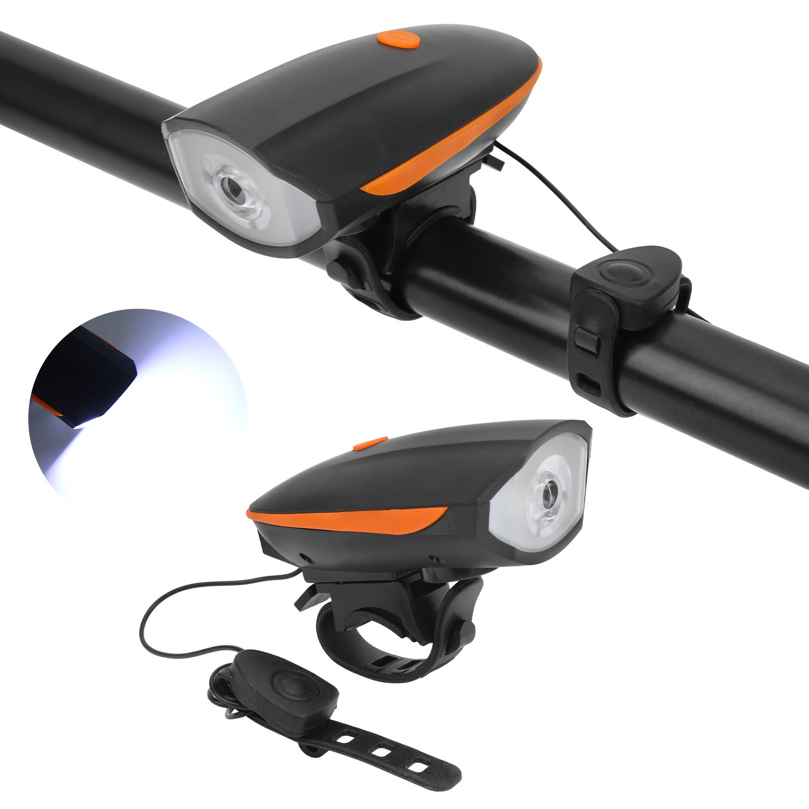 Fahrrad-frontlicht Mit Hupe, Usb-ladefunktion, Orangefarbener Wasserdichter Scheinwerfer, Wiederaufladbar Über Usb, Für Nachtfahrten.