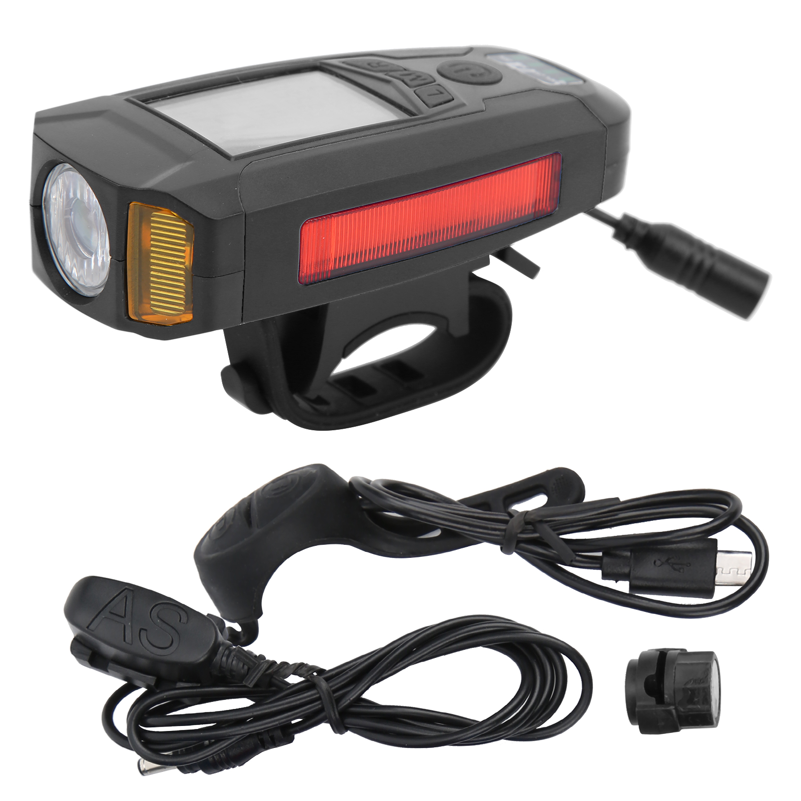 Usb-fahrrad-taschenlampe Mit Led-bordcomputer, Hupe, Frontlicht, Scheinwerfer Und Leistungsanzeige (schwarz)