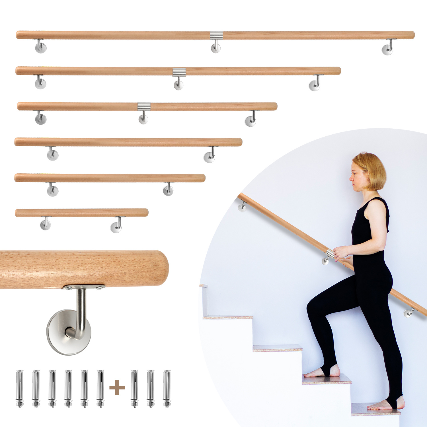 Jiubiaz Buchenholz Handlauf 100 Cm, Treppenhandlauf Aus Massivholz Mit Edelstahl-wandhalter, Ø 4,2 Cm, Lackiert, Für Treppe Flur Bad Gartenstufen