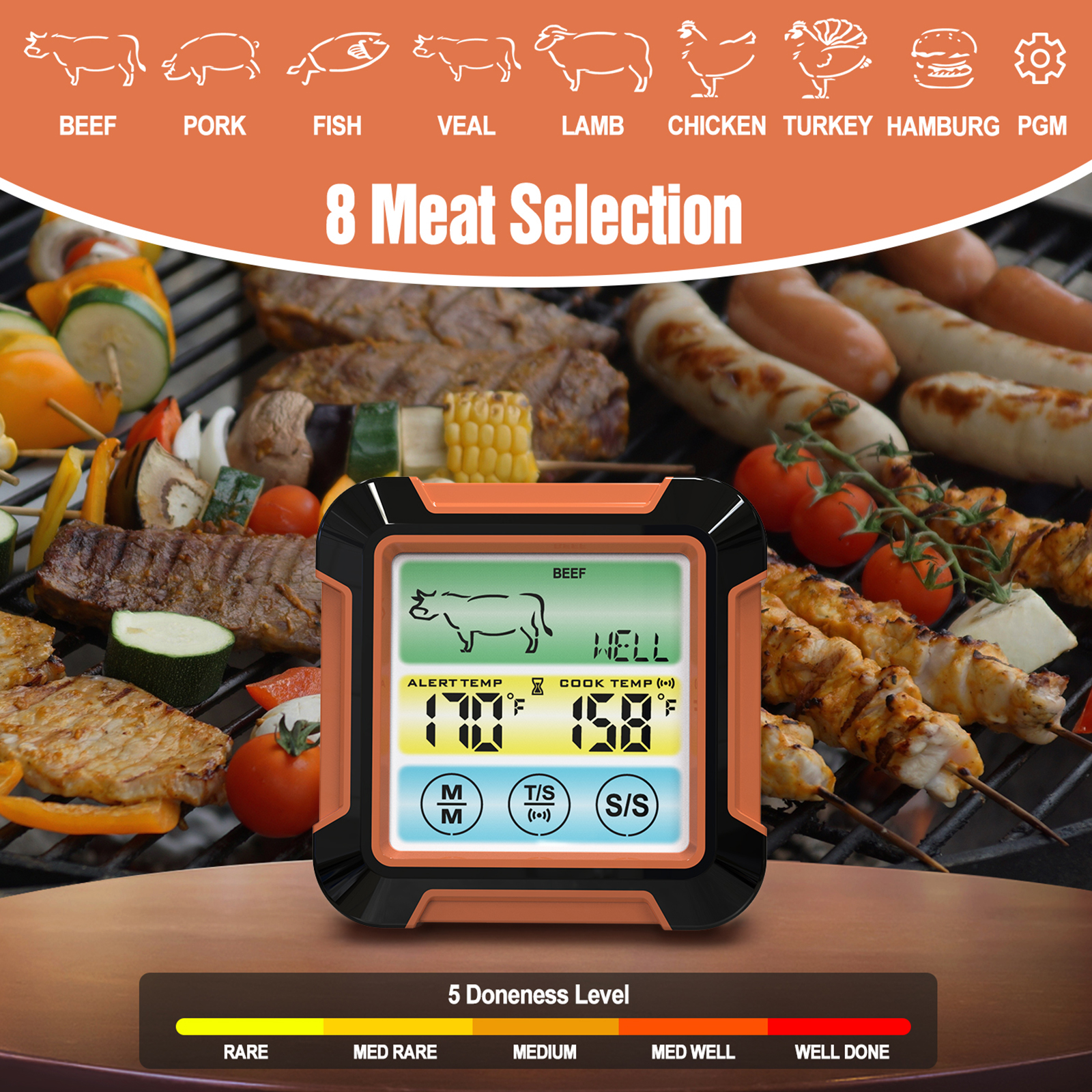 Digitales Fleischthermometer Mit Langer Sonde, Verbessertem Lcd-bildschirm Zum Grillen, Touch-steuerung, Hintergrundbeleuchtung, Garzeitschaltuhr Für Backofen Und Grill, Ipx7 Wasserdicht.