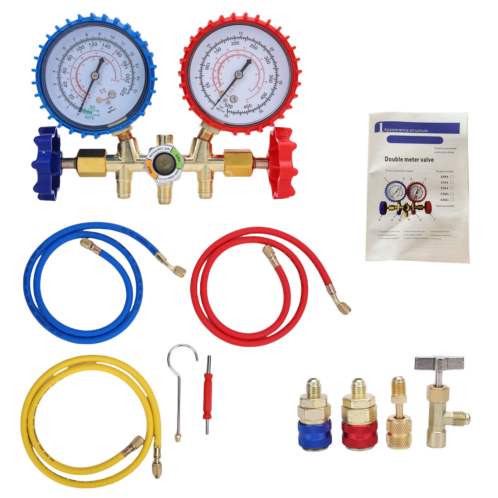3-wege-klimaanlagen-manometer-set Für Die Kältemittel R134a, R410a Und R404a, Mit Schnellkupplungen, 410-adapter, Anbohrhahn Und Ventileinsatzwerkzeug.