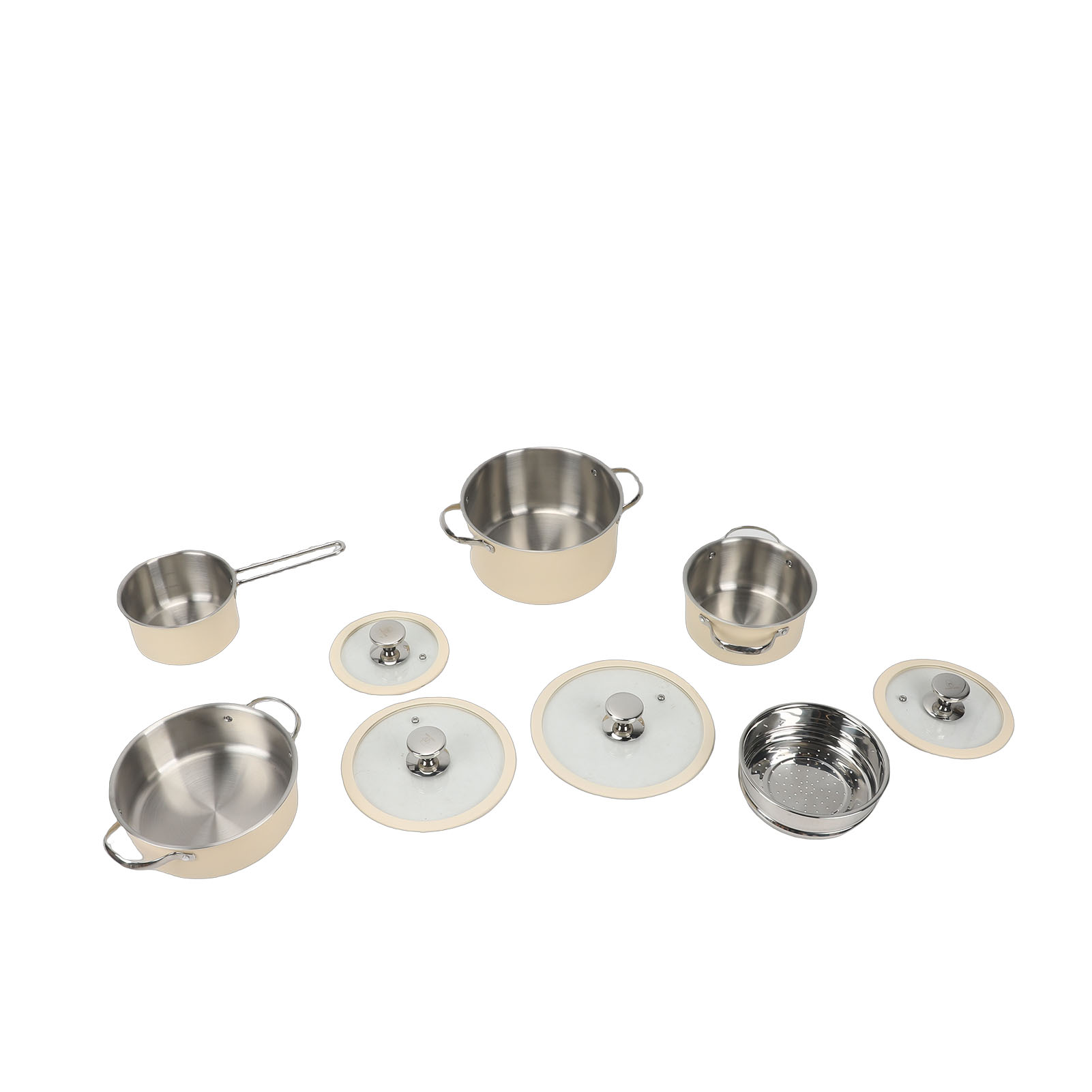 Kochgeschirr-set Aus Edelstahl 304: Stielkasserolle, Dampfgarer, Suppentopf, Dicker Boden, Antihaftbeschichtete Keramikbeschichtung, Geeignet Für Induktions- Und Gasherde. Farbe: Beige.