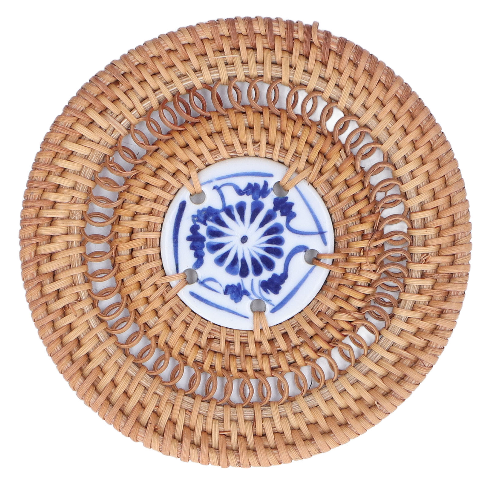 Runder Blau-weißer Porzellanuntersetzer, Tassenhalter Aus Geflochtenem Rattan Für Basilikumtassen, 10 Cm / 3,9 Zoll