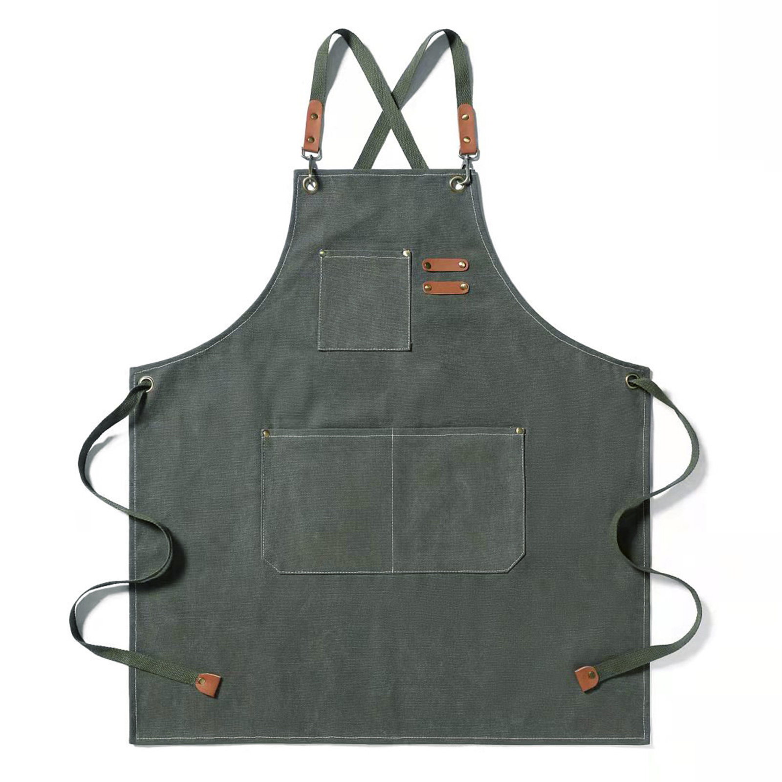 Arbeitsschürze Mit Vordertaschen, Vielseitige Canvas-schürze Für Küche, Garten Und Friseursalon, Graugrüne Farbe.