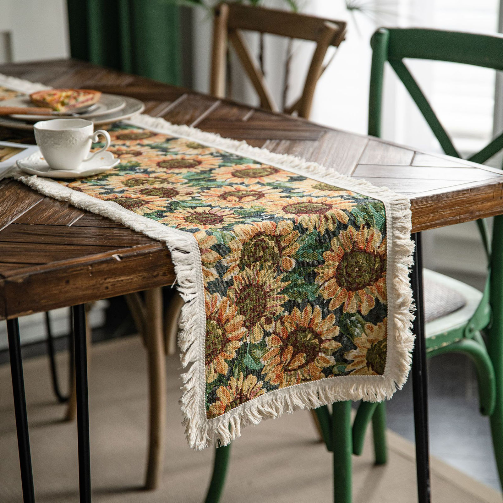 Tischläufer Aus Jute Mit Jacquard-sonnenblumenmuster, Amerikanischer Stil, Mit Quasten, Partydekoration, Gelb, 30 X 120 Cm