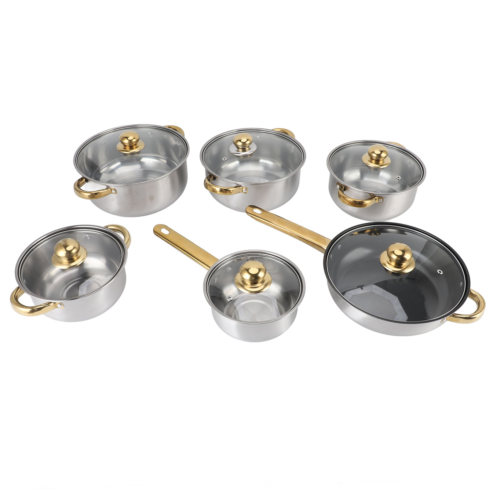 Kochgeschirr-set Aus Edelstahl: Großer Stieltopf, Bratpfanne Mit Deckeln Und Griffen.