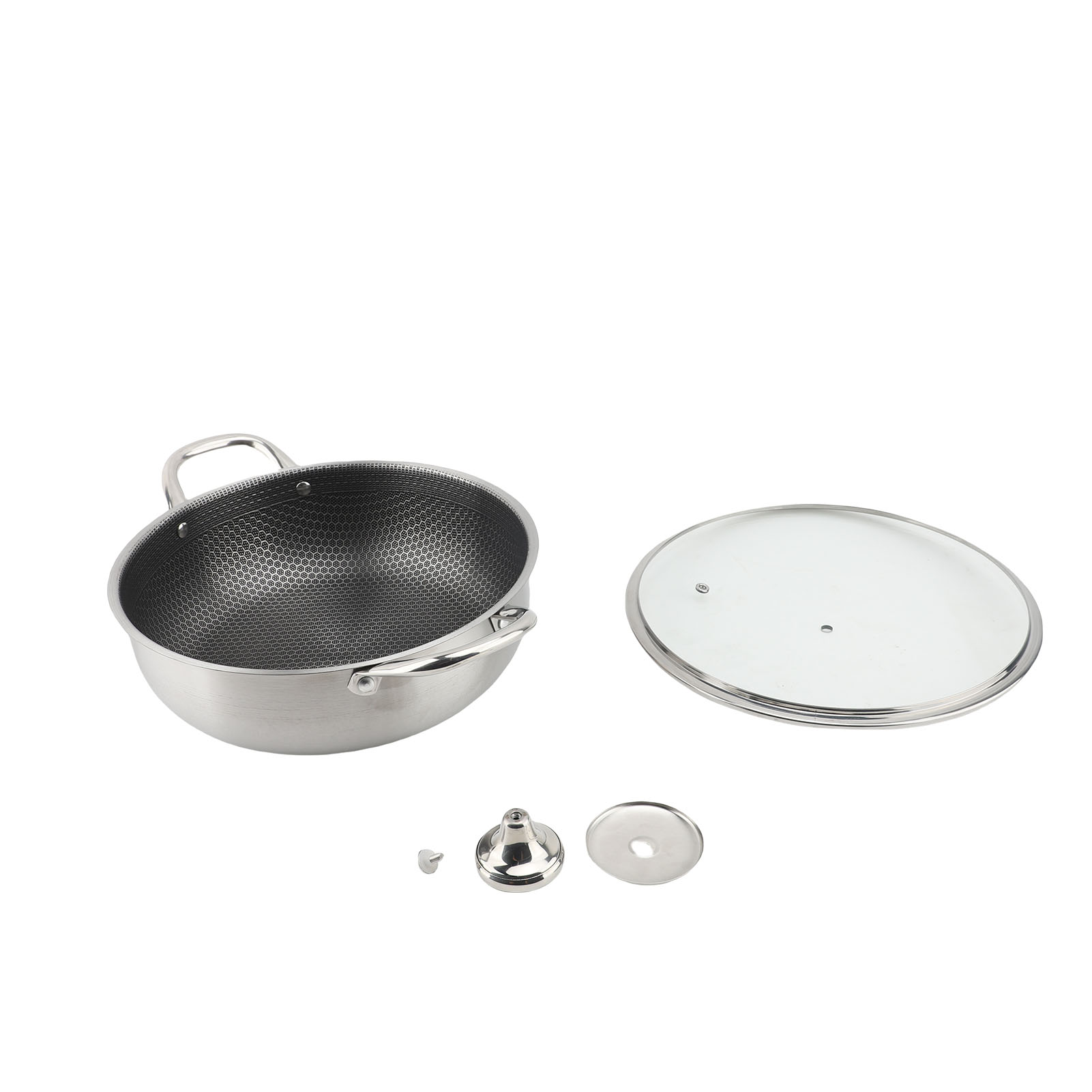 Bratpfanne Mit Deckel Aus Gehärtetem Glas, Edelstahl 410, Wabenförmige Antihaftbeschichtung, Doppelgriff, Zum Kochen.