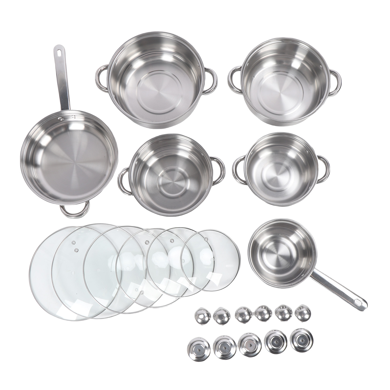 Set Aus 6 Dickwandigen, Leicht Zu Reinigenden Töpfen Und Pfannen Aus Edelstahl Mit Deckeln Zum Kochen Mit Gleichmäßiger Wärmeverteilung.