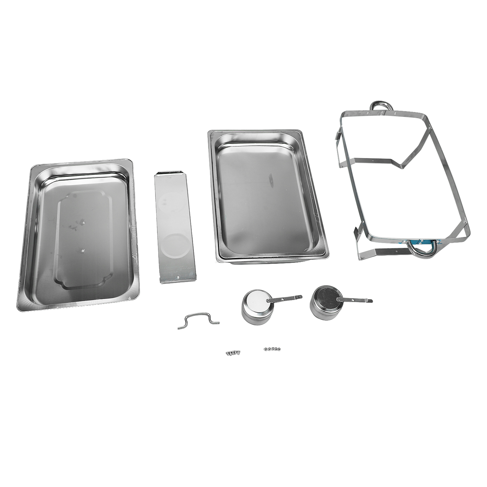 Set Aus Rechteckigen Speisenwärmern Aus Edelstahl Für Buffets, Mit Deckel Und Stabilem Ständer, Für Restaurants Und Privatpersonen.