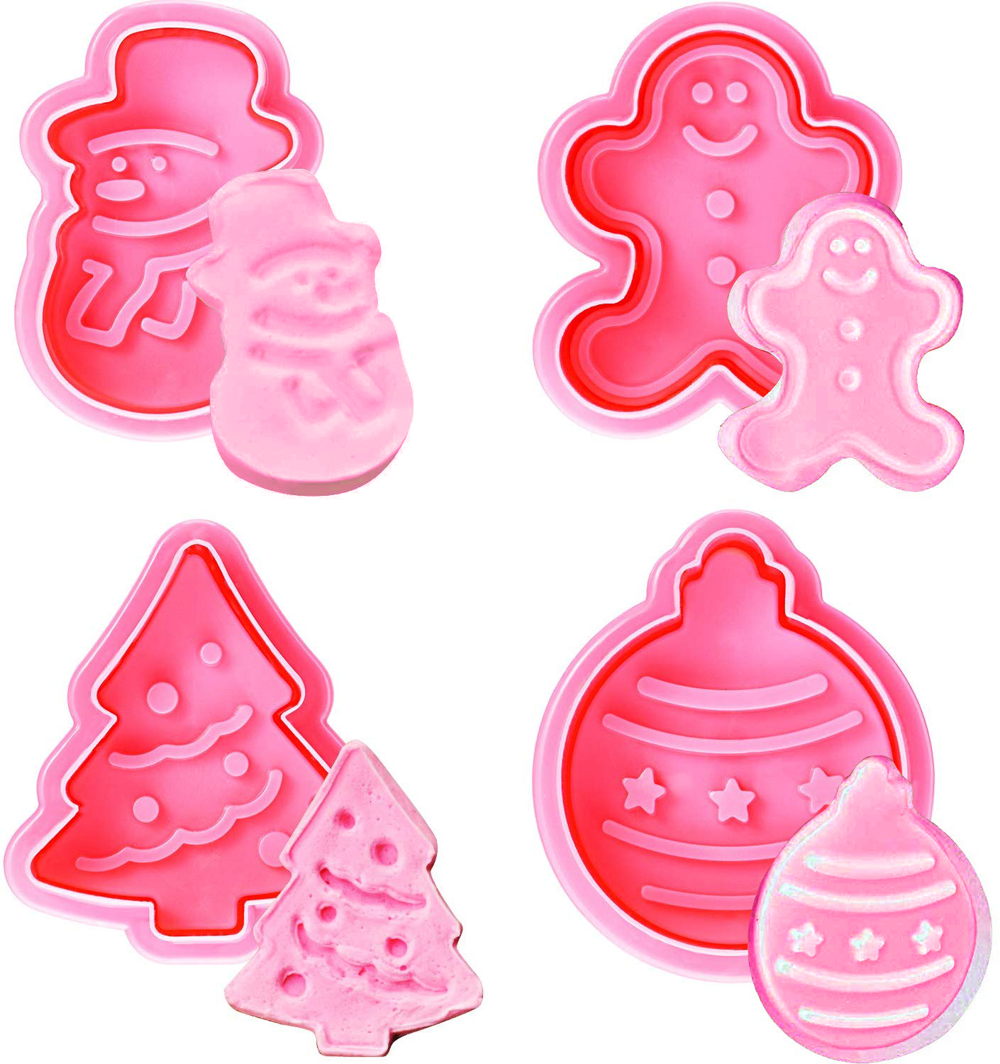 Set Mit 4 Weihnachtsplätzchenausstechern: Weihnachtsbaum, Schneemann, Lebkuchenmann Und Ei. Ausstechform Mit Federbelastetem Griff.
