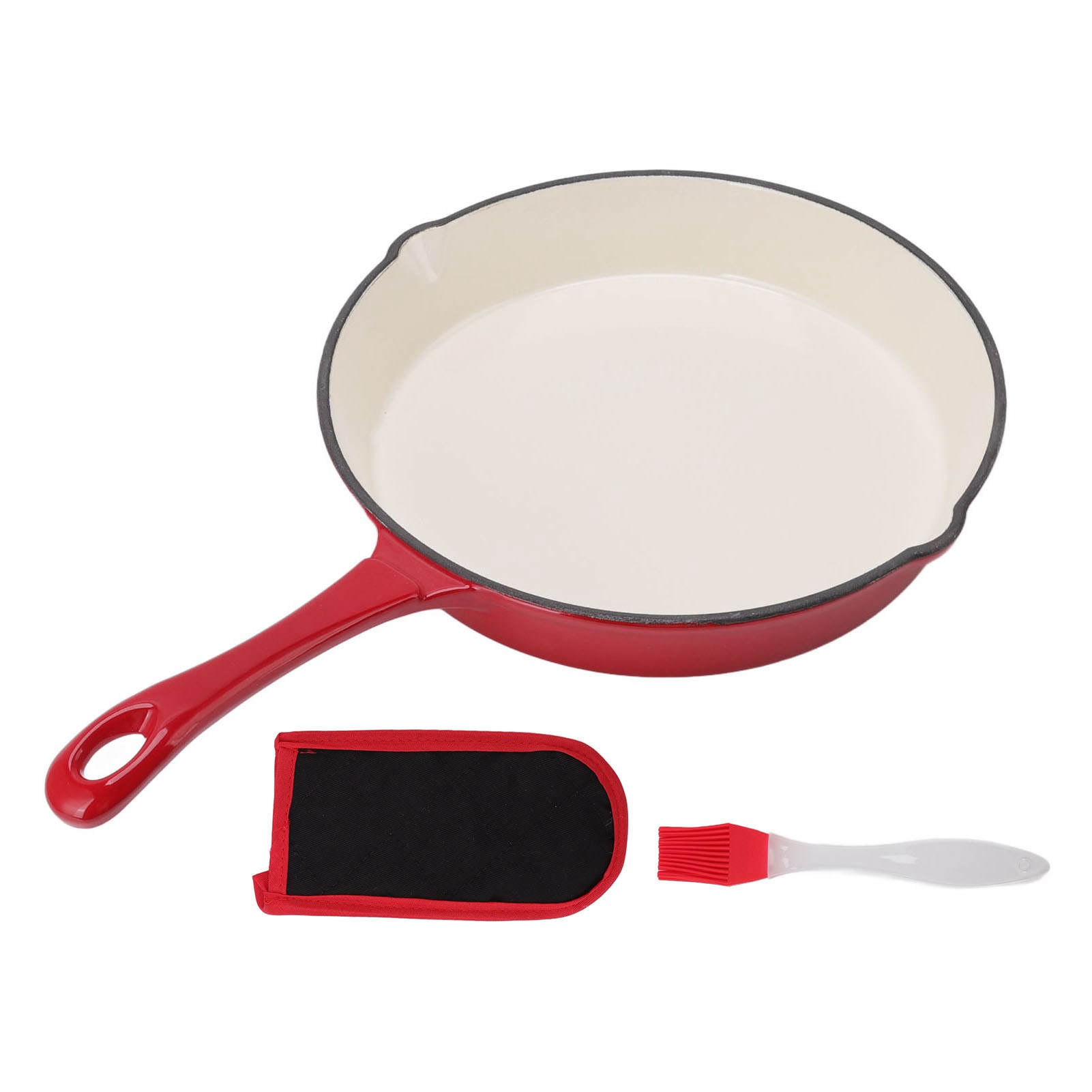 Emaillierte Gusseisenpfanne, Einteilig, Langer Griff, Rot, 25 Cm Durchmesser, Ergonomisches Design, Zum Braten Und Kochen