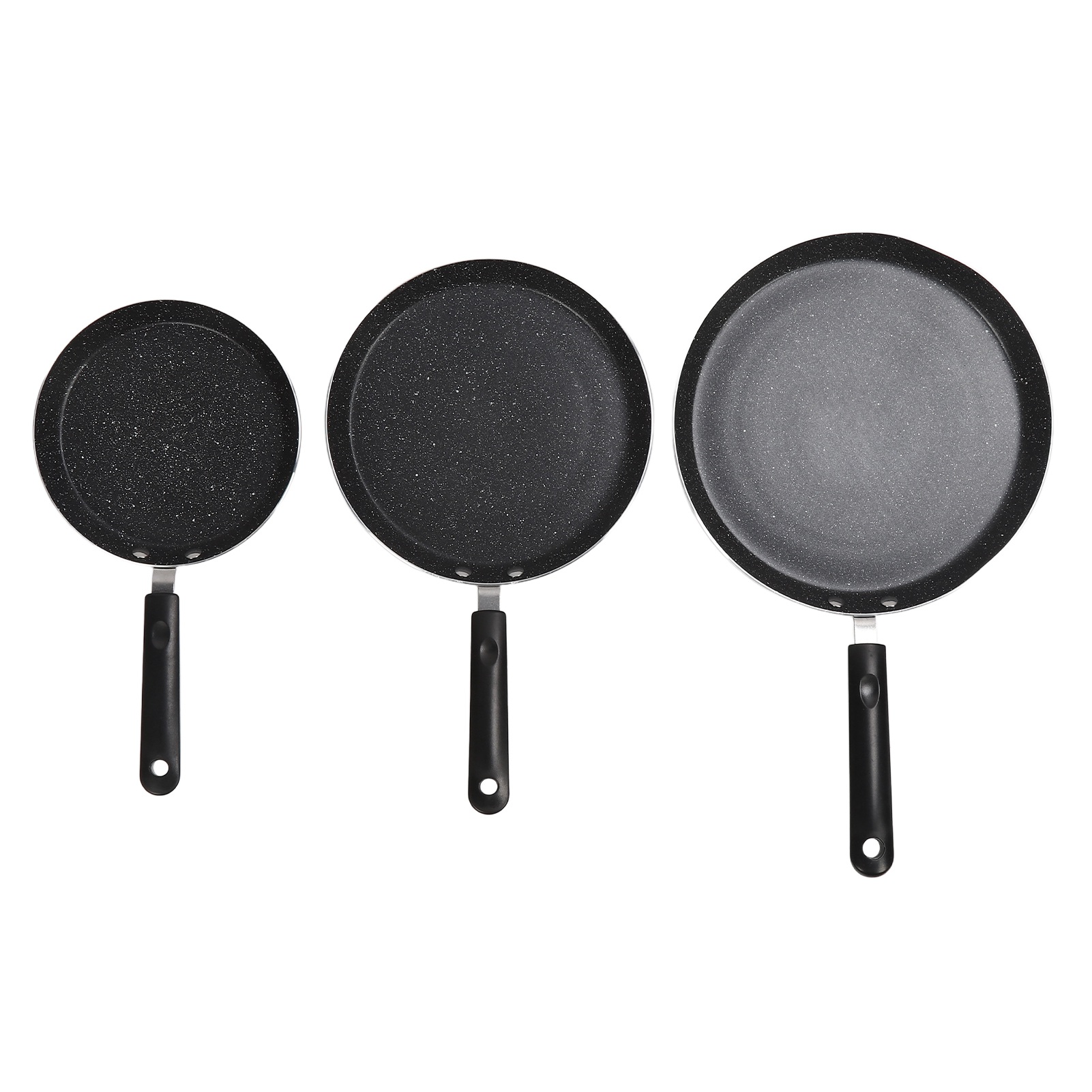 Set Aus 3 Schwarzen Bratpfannen Aus Aluminiumlegierung, Tragbar Und Antihaftbeschichtet, Ideal Für Eier, Mille-feuilles Und Pizzen.