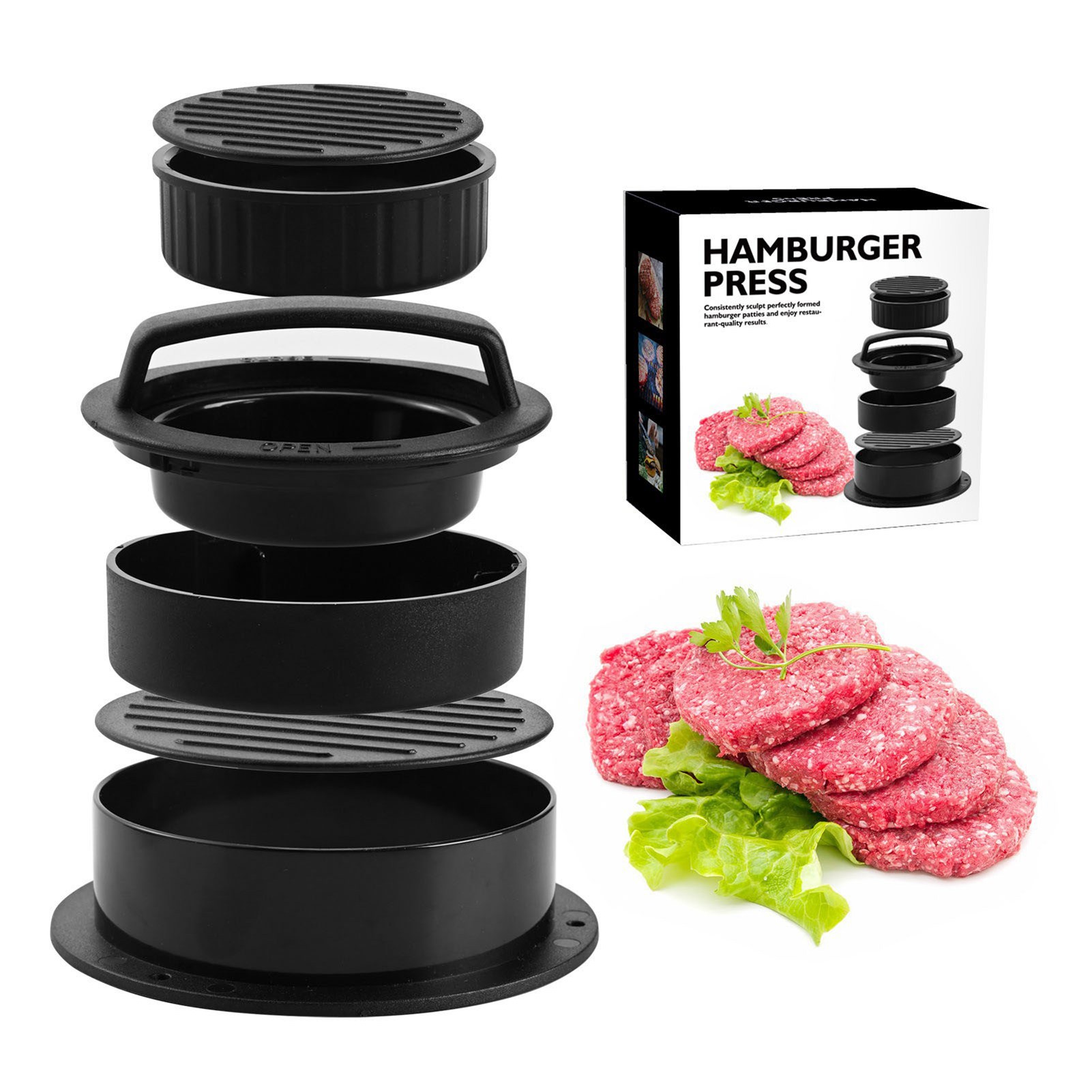 3-in-1 Hamburgerpresse, Einfache Entnahme, Antihaftbeschichtet, Rund, Gefüllt, Kunststoff, Manuell, Für Die Küche, Schwarz.