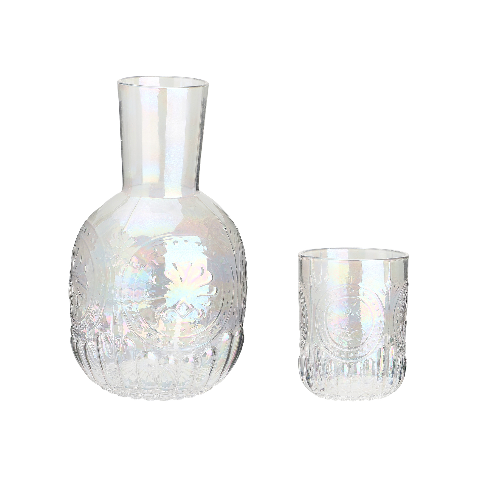 Nachttischkrug Und Glasset, Wasserkrug, Saftflasche Aus Glas Mit Retro-prägung, Weiß.