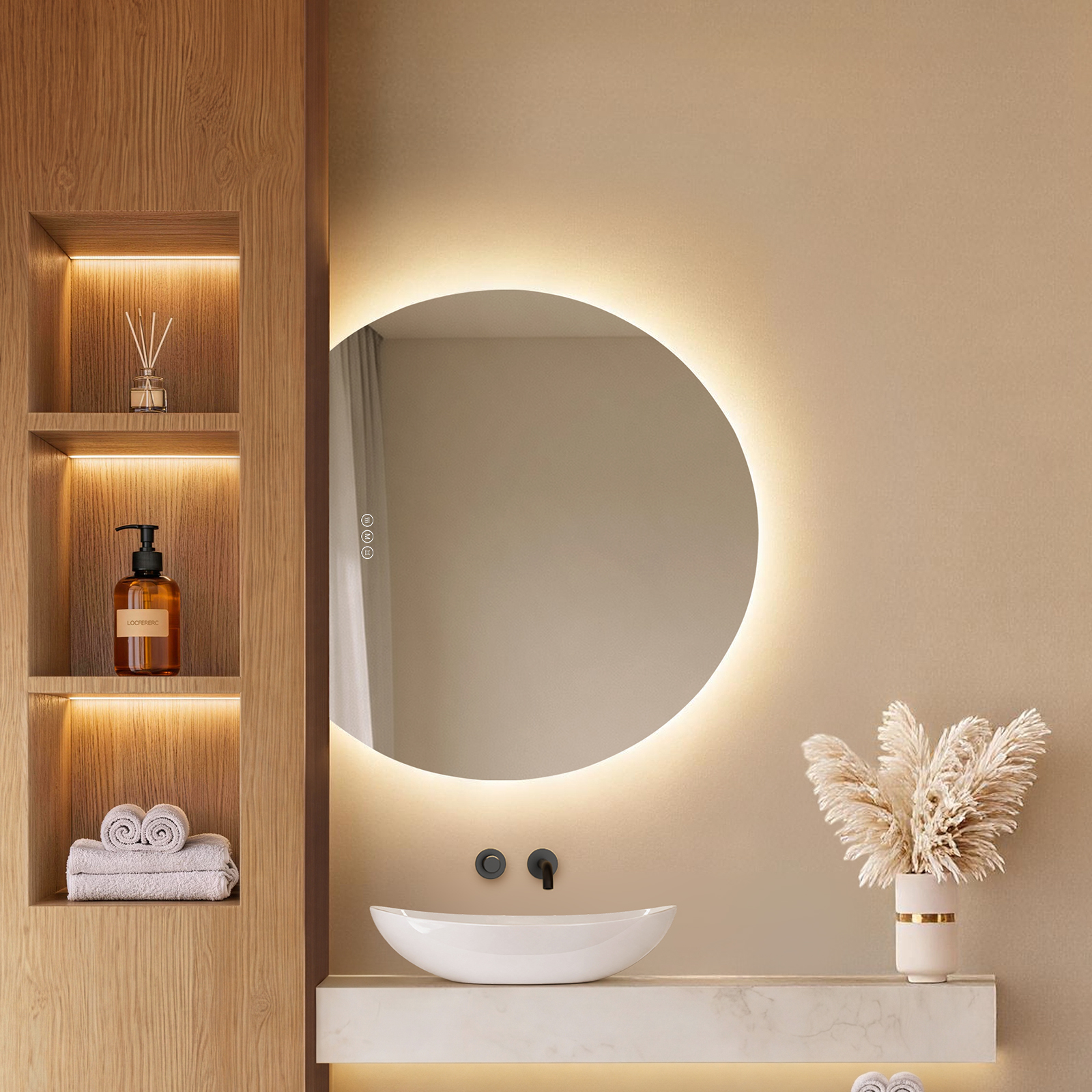 Emke Led-badspiegel 70 × 62 Cm Mit Hintergrundbeleuchtung, Asymmetrische Rundform, 3 Lichtfarben, Dimmbar, Anti-beschlag, Touchsteuerung