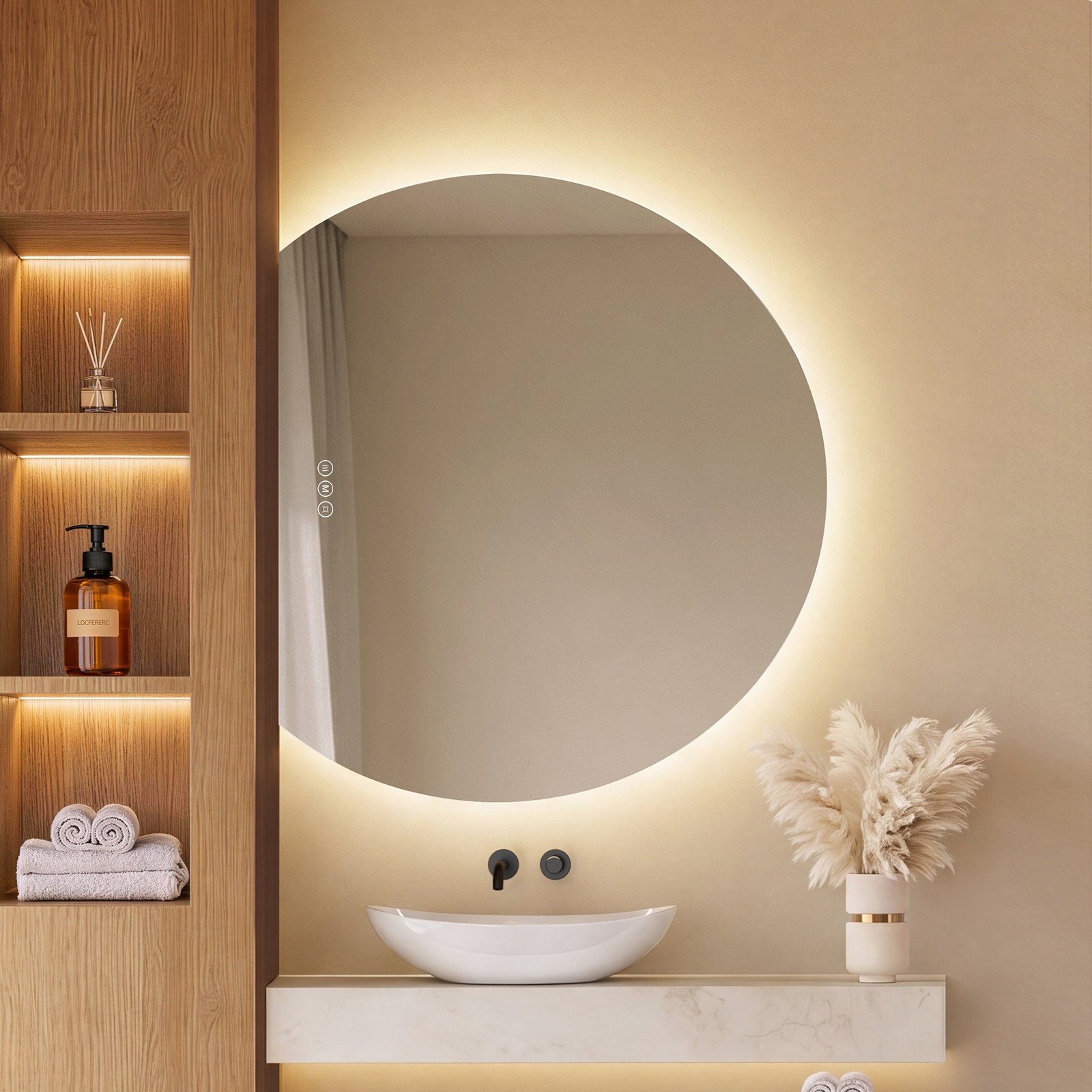 Emke Led-badspiegel 100 × 83 Cm Mit Hintergrundbeleuchtung, Asymmetrische Rundform, 3 Lichtfarben, Dimmbar, Anti-beschlag, Touchsteuerung