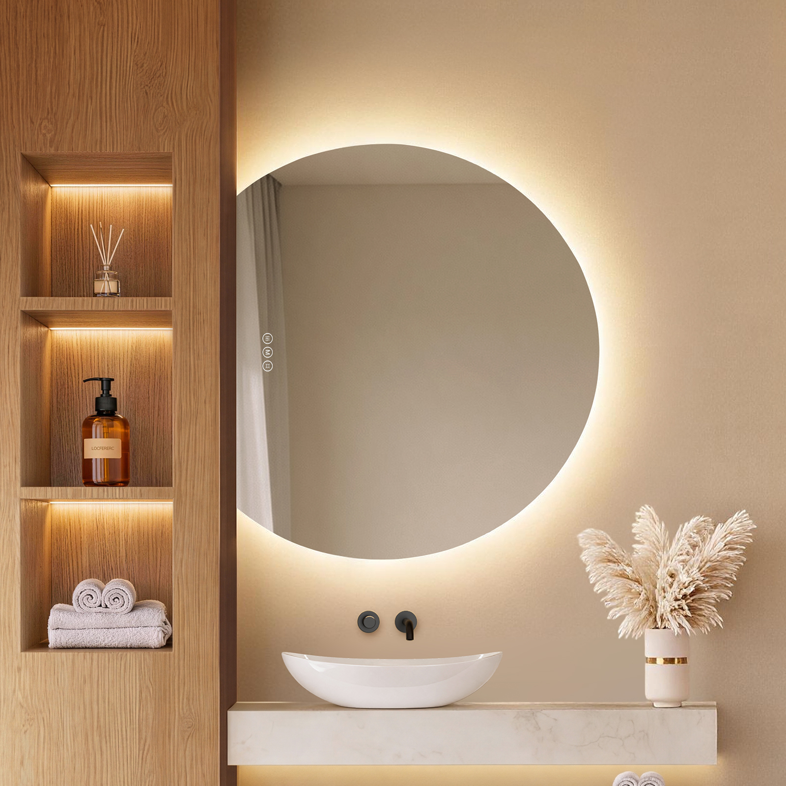 Emke Led-badspiegel 90 × 73 Cm Mit Hintergrundbeleuchtung, Asymmetrische Rundform, 3 Lichtfarben, Dimmbar, Anti-beschlag, Touchsteuerung