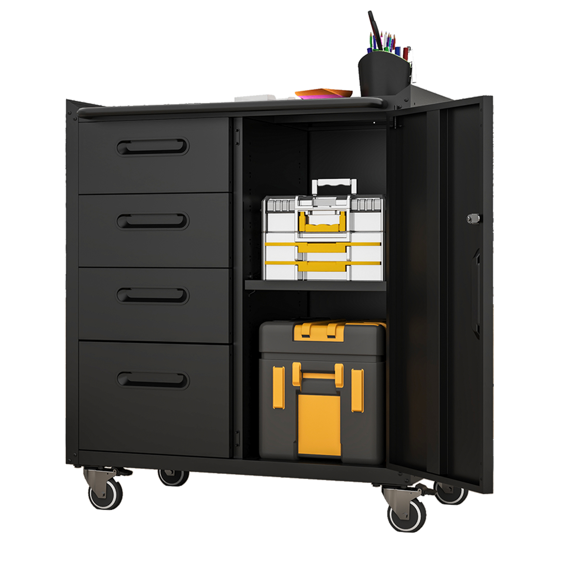 Robuster Werkzeugschrank Aus Metall Mit Rollen – 75 × 42 × 88 Cm, Schwarz/grau, Für Garage, Büro Und Zuhause