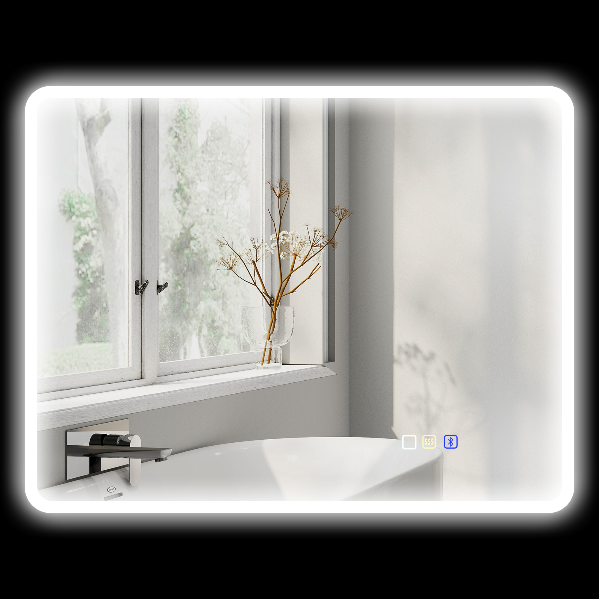 Led-badezimmerspiegel Mit Bluetooth-funktion, Einstellbarer Beleuchtung Und Antibeschlagfunktion.