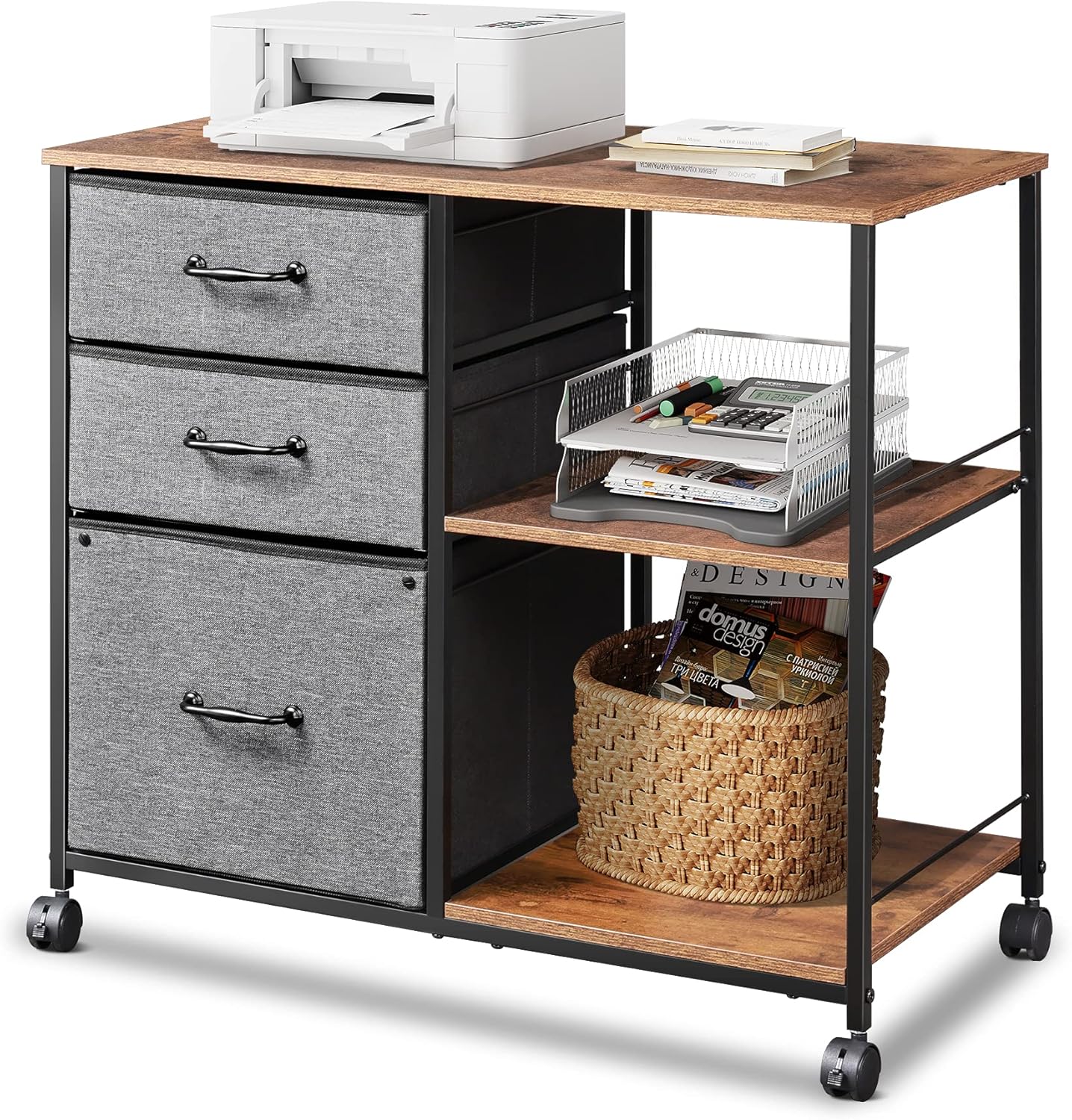 Beweglicher Büroschrank, Drei Schubladen Und Zwei Offene Ablagebereiche, Nutzbar Als Druckerunterlage Für Heimarbeitsplatz, Vintagebraun-schwarz