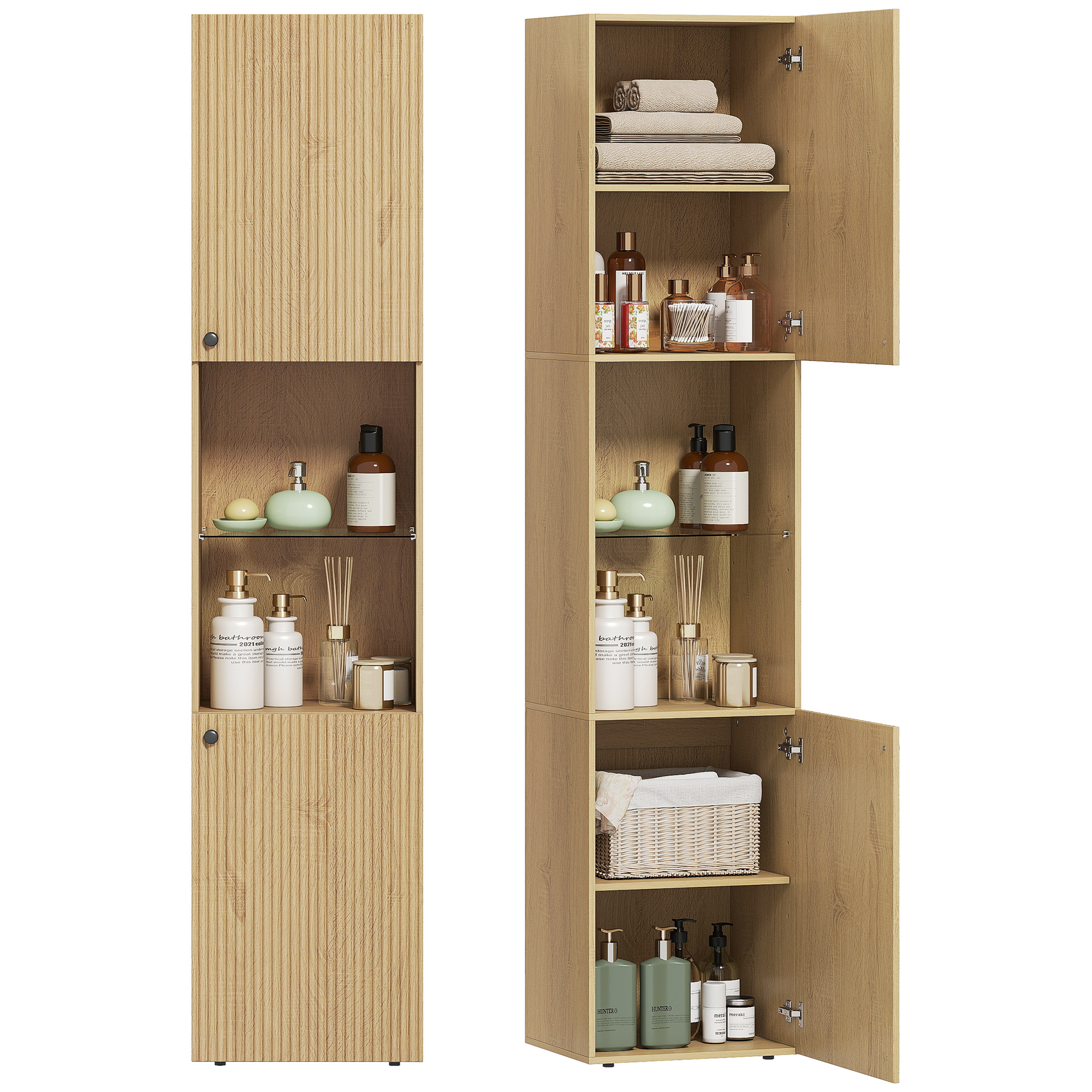 Schmaler Badezimmerschrank Mit 6 Einlegeböden, 2 Türen, Offenen Fächern, Einlegeboden Aus Sicherheitsglas, Verstellbaren Einlegeböden, Eiche
