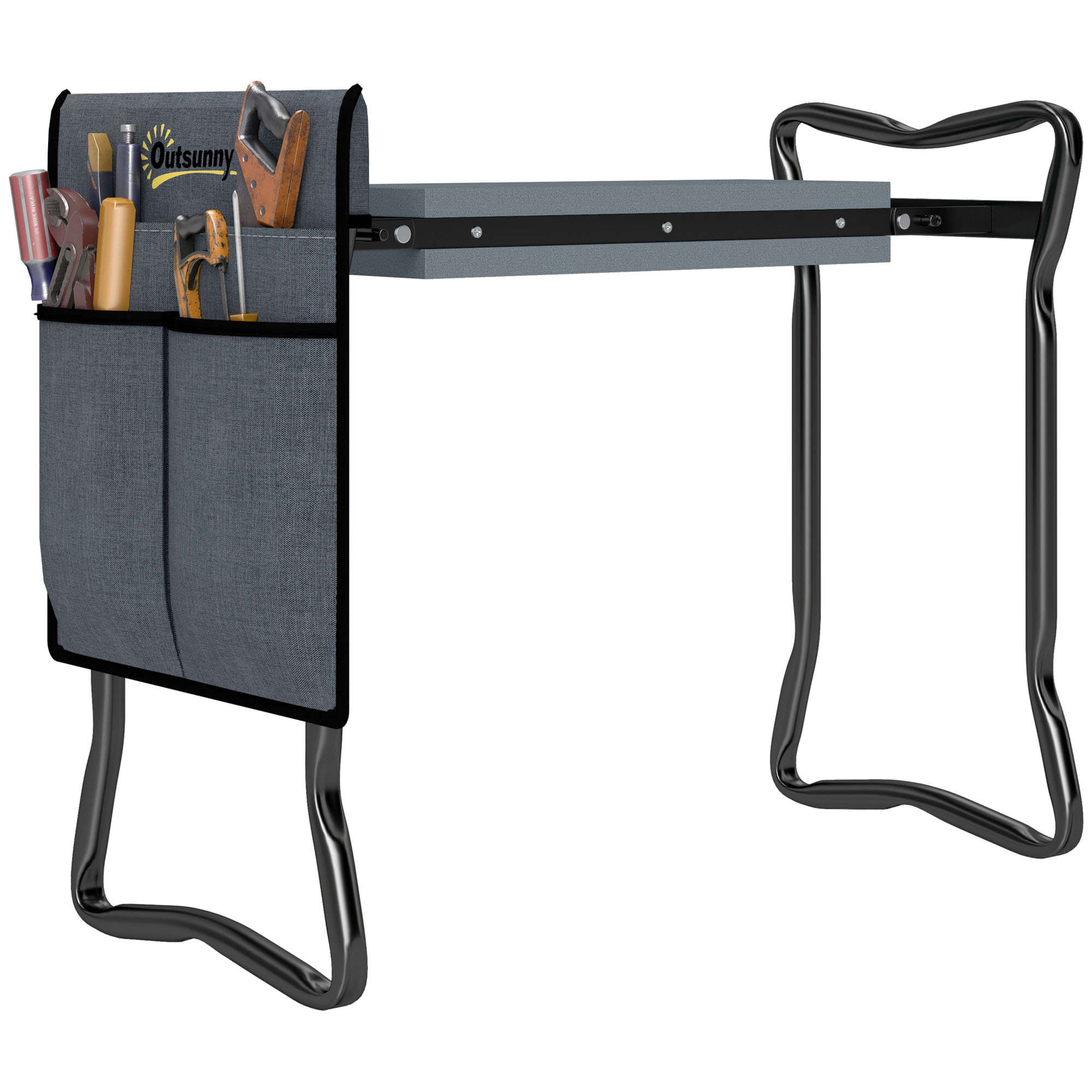 Tabouret De Jardin Pliable 2 En 1, Coussin En Mousse Eva Et 4 Poches À Outils Amovible, Charge 150kg, 58x28x49cm, Gris