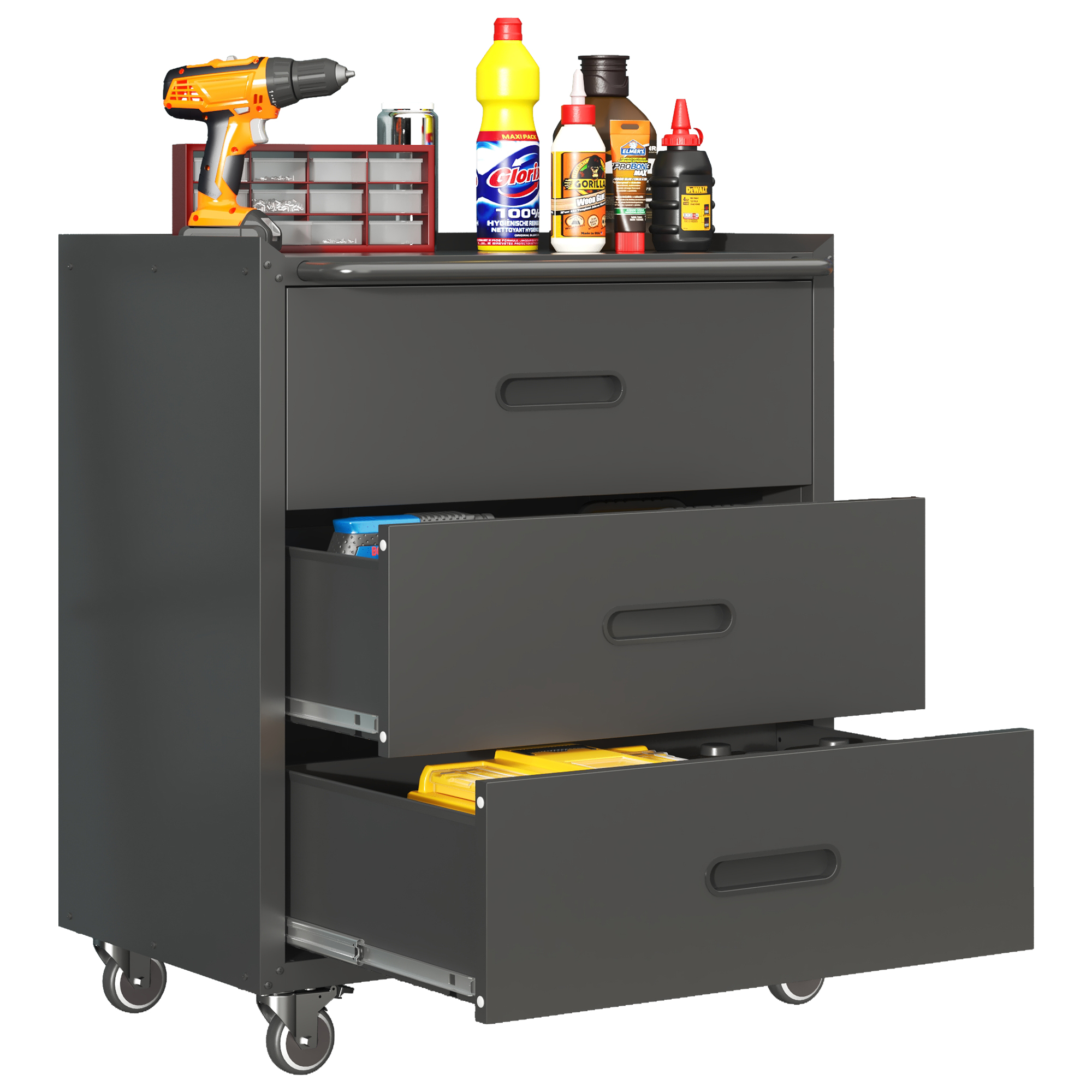 Hochwertiger Werkzeugschrank Aus Metall Auf Rollen – Werkzeugschrank Mit 3 Schubladen, 75 × 42 × 88 Cm, Schwarz/grau, Für Garage, Büro Und Zuhause