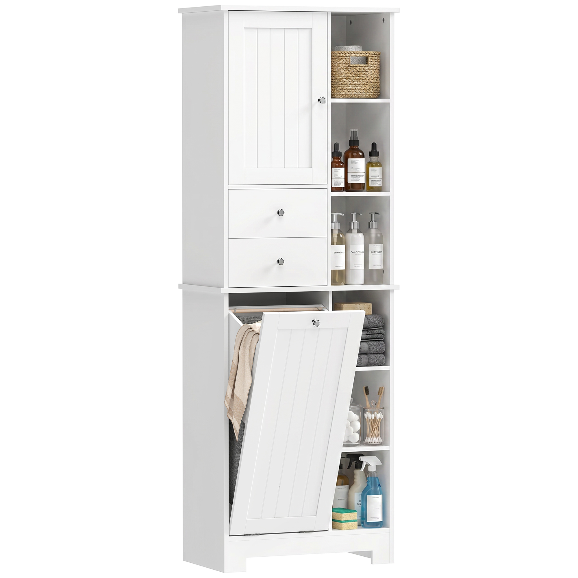 Schmaler Badezimmerschrank Mit 6 Offenen Fächern, Wäschekorb, 2 Schubladen Und Soft-close-tür, Weiß