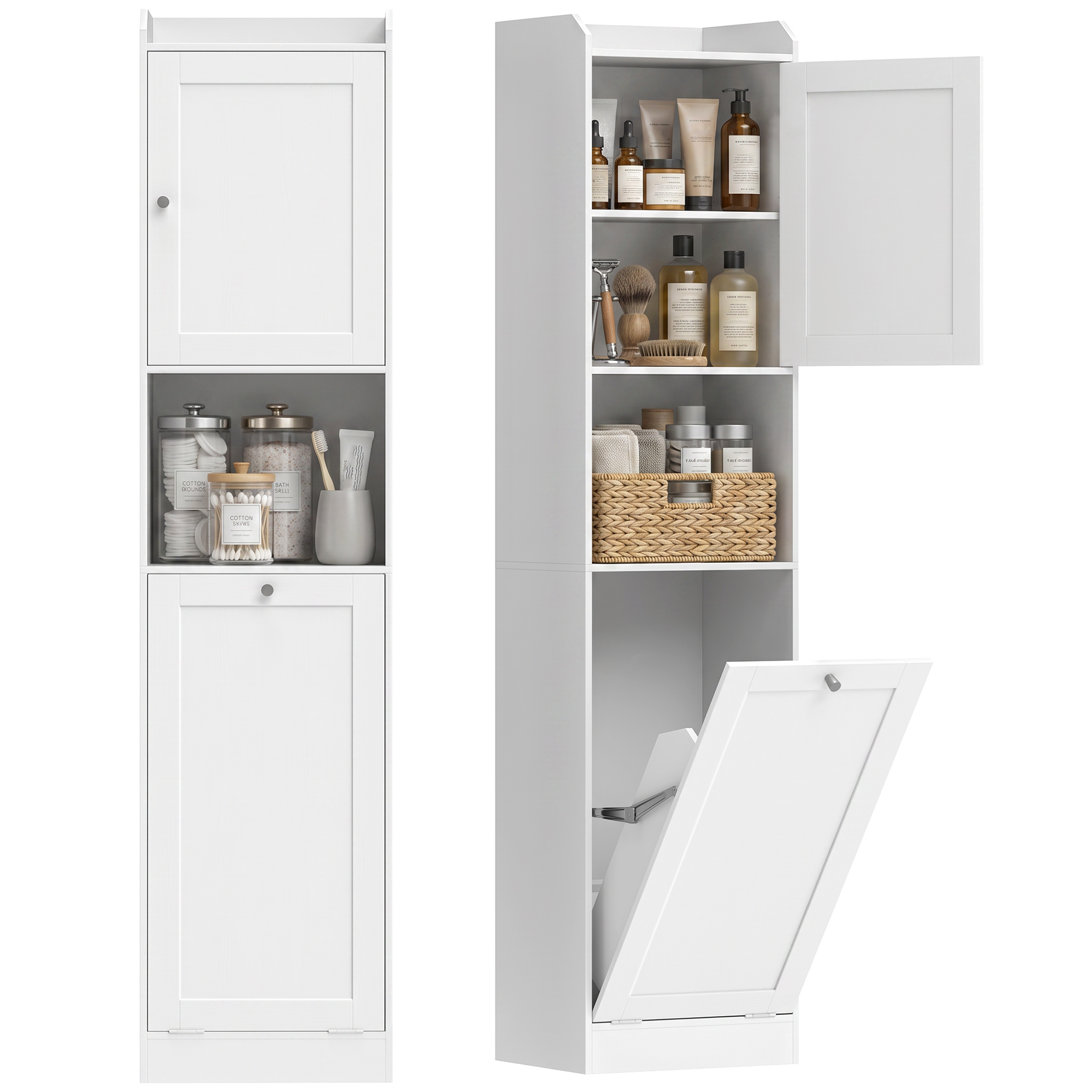 Hoher Badezimmerschrank Mit Klappkorb Und Ablagen, 40 X 30 X 170 Cm, Weiß