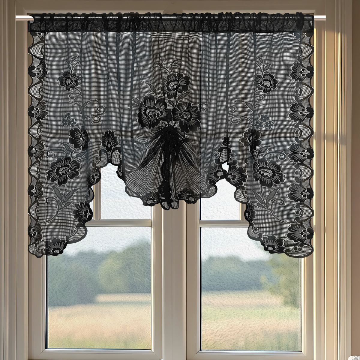 Halbtransparente Schwarze Spitzengardinen Mit Blumenmuster, Ideal Für Küche Und Badezimmer. Abmessungen100 X 100 Cm.