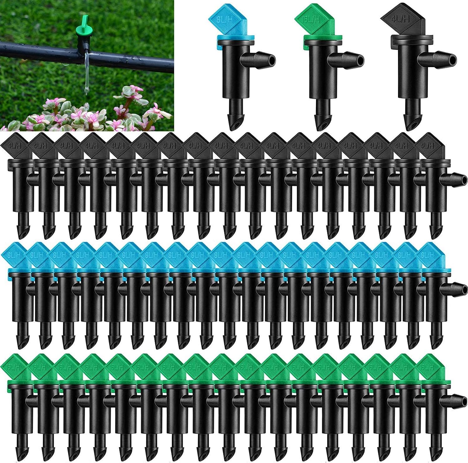 60 Bewässerungstropfer – 3 Größen Von Flaggenförmigen Tropfern, Geeignet Für Rasenflächen, Bäume, Sträucher Und Gärten (4 L/h Schwarz, 8 L/h Blau, 16 L/h Grün).