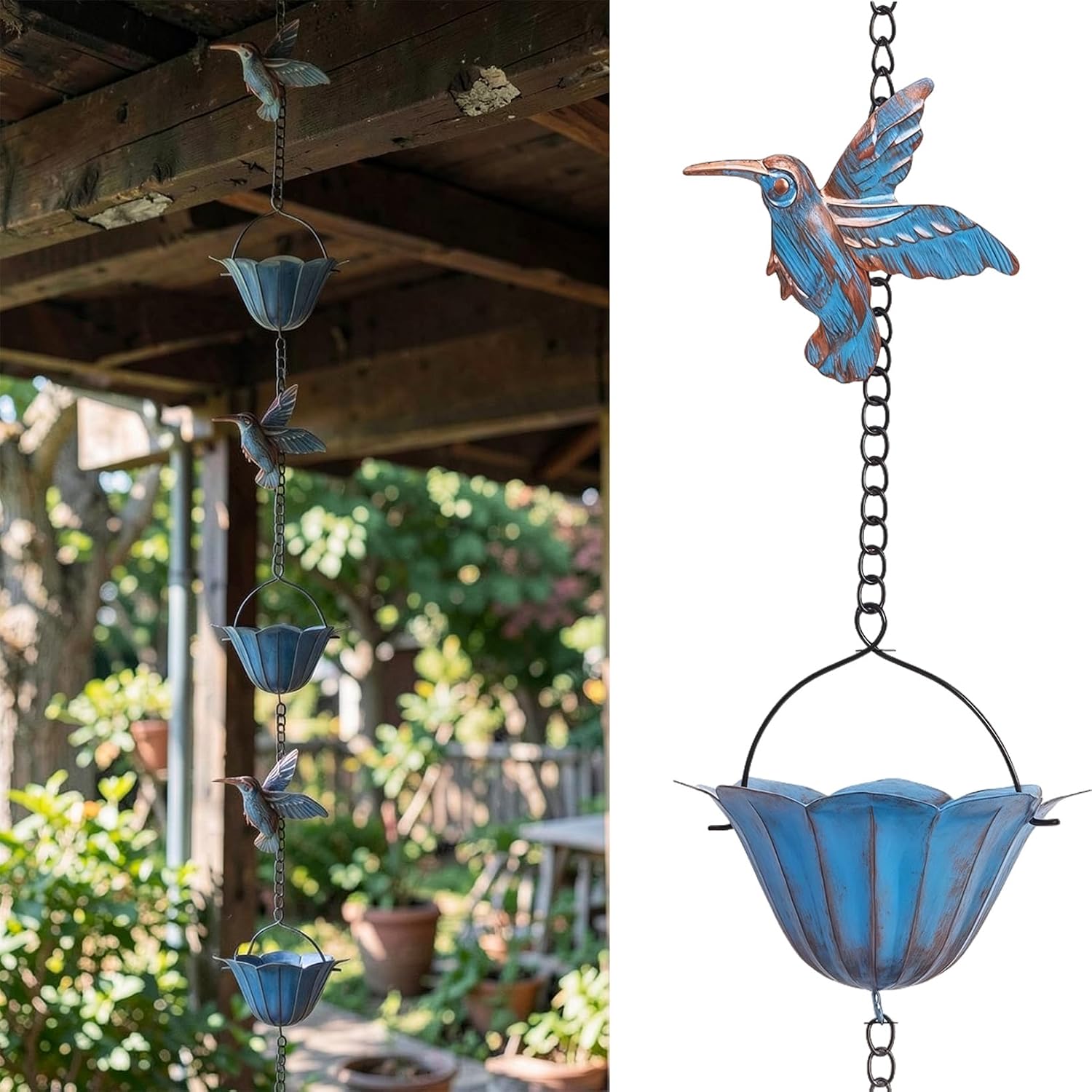 Regenrinne Für Dachrinnen, 2,4 M, Vintage, In Blau Mit 7 Kolibris Und Bechern (blau)